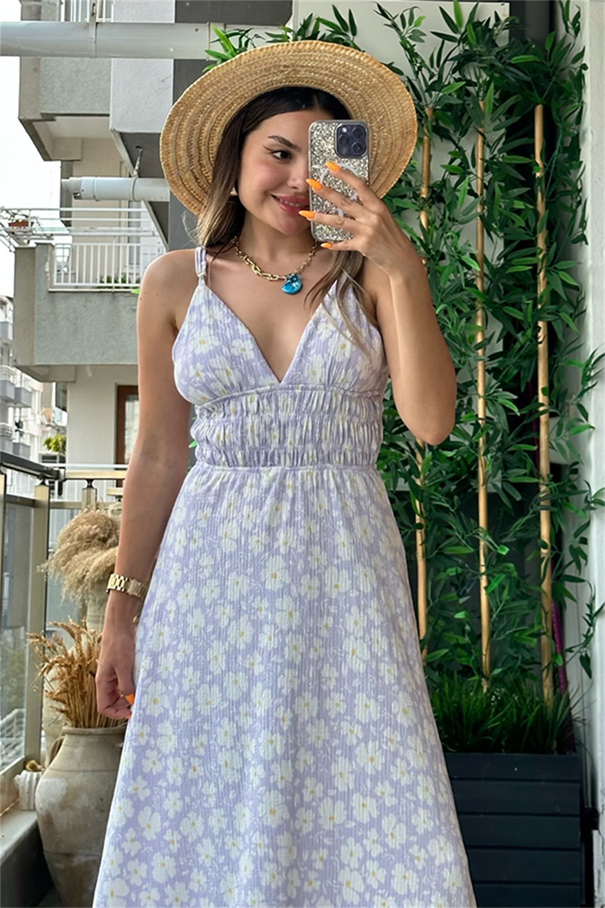 Angel lila papatya desen yazlık elbise