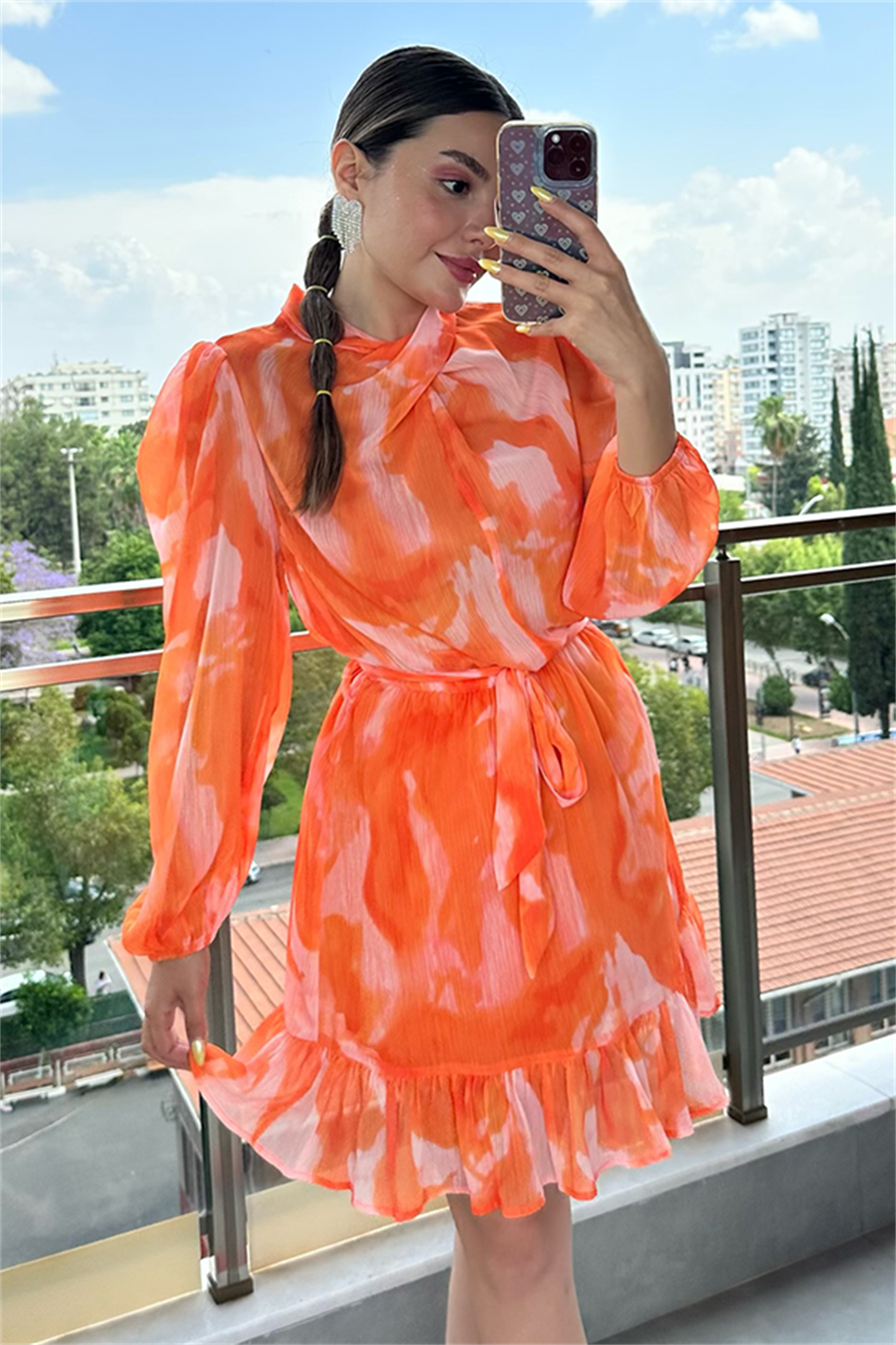 Rowan turuncu batik desen şifon elbise
