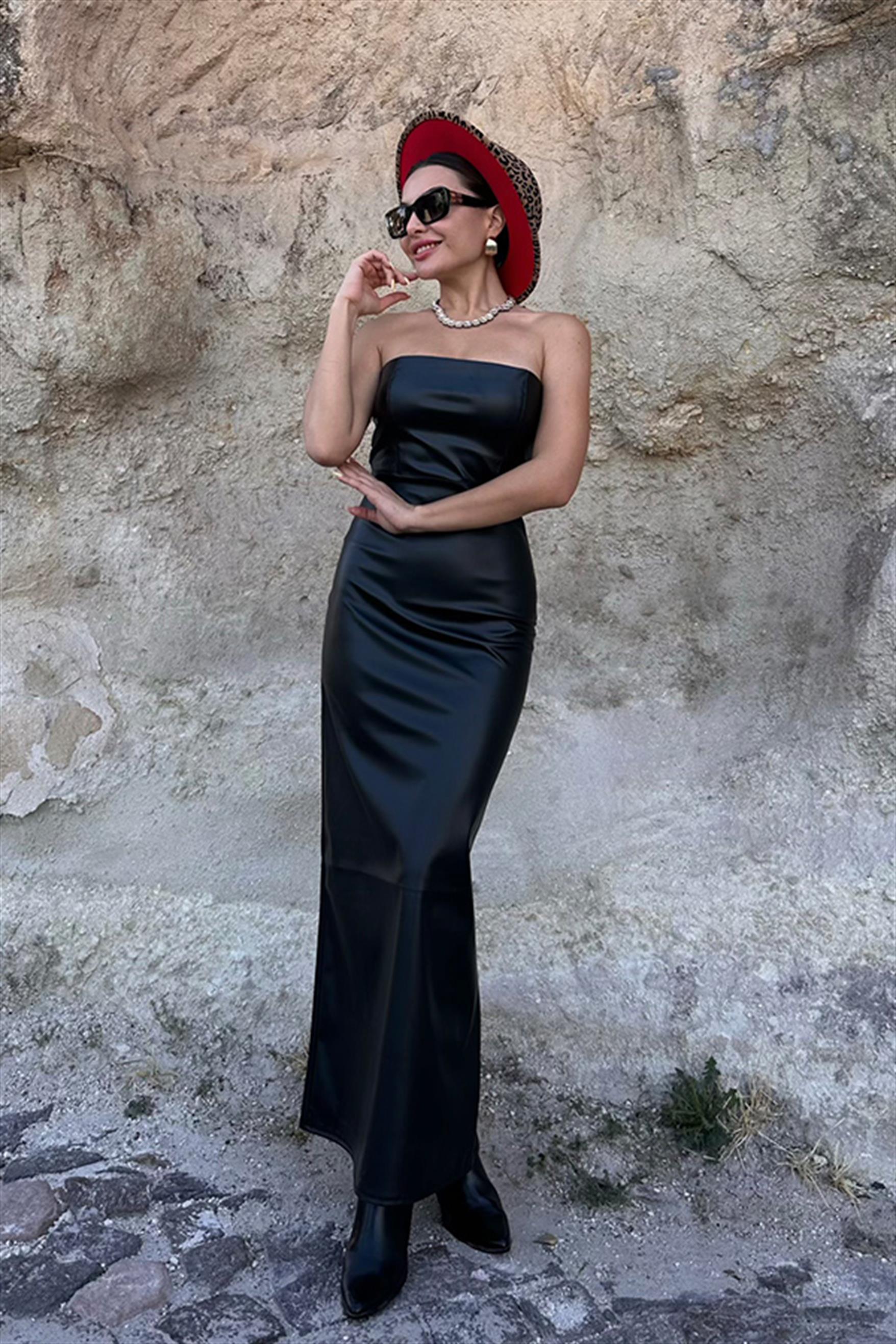 Veronika Siyah Straplez Deri Elbise