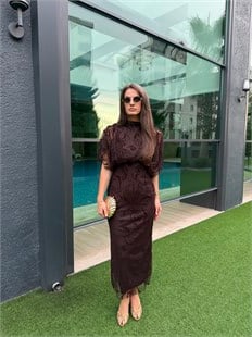 QULOVEYENİ GELENLERKahve Parıltılı İşlemeli Elbise