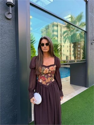 QULOVEYENİ GELENLERKahve Şifon Vintage Astarlı Elbise