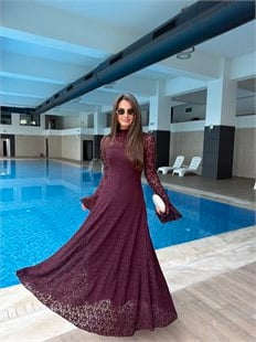 QULOVEYENİ GELENLERMürdüm Uzun Kol Dantel Elbise
