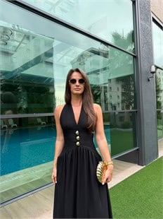 QULOVEYENİ GELENLERSiyah Düğme Detaylı Astarlı Elbise