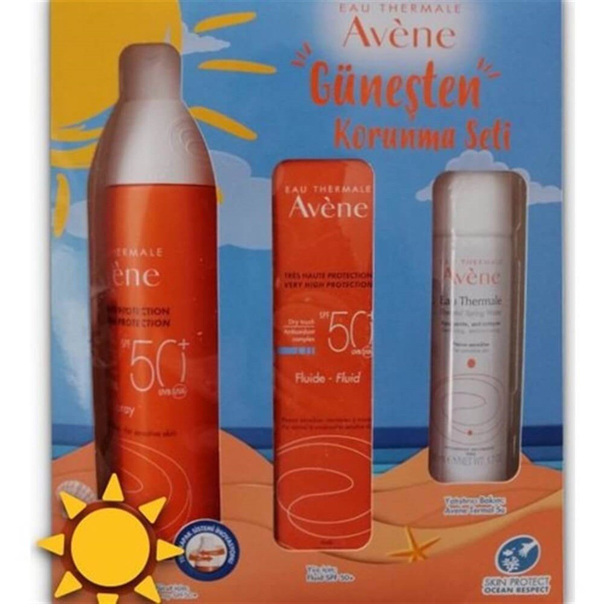 Avene Avene Güneşten Korunma Seti - Vücut Spreyi SPF50 200 ml + Fluid SPF50 50 ml + Yatıştırıcı Termal Su 50 ml