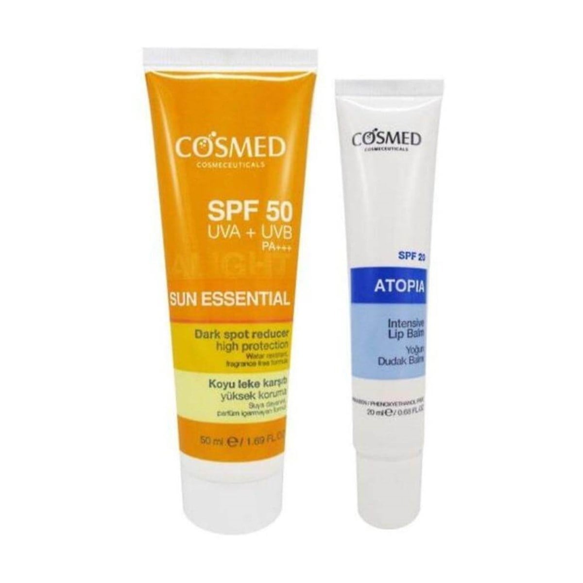 Cosmed Cosmed Sun Essential Koyu Leke Karşıtı Yüksek Koruma Güneş Kremi SPF50 50 ml + Cosmed Atopia Dudak Balmı