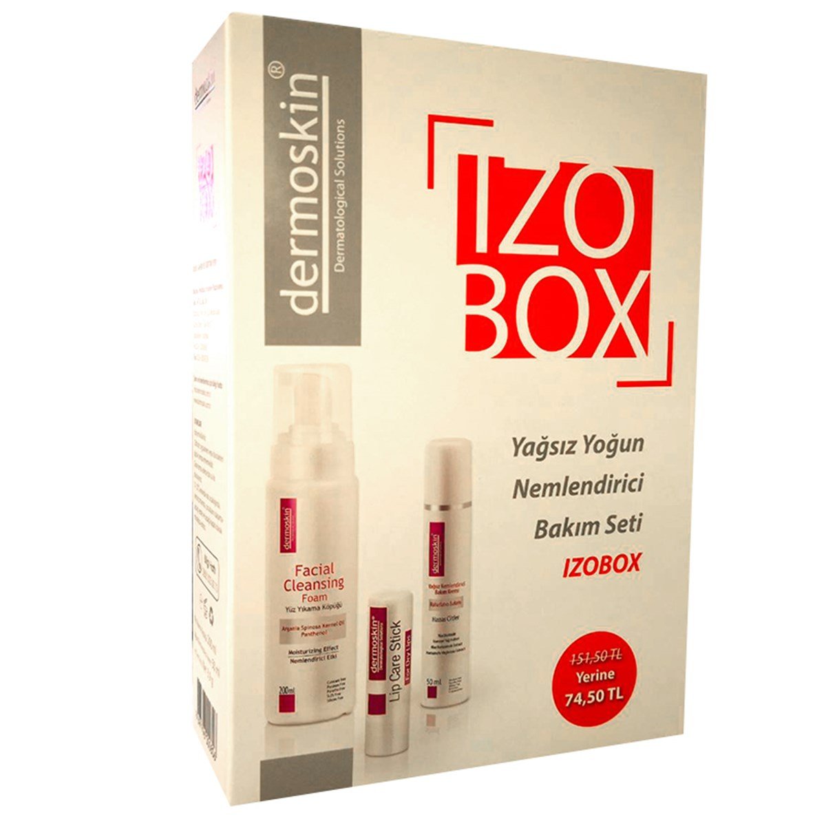 Dermoskin İzobox Yağsız & Yoğun Bakım Seti - (Nemlendirici Krem 50 ml + Yüz Yıkama Köpüğü 200 ml + Lip Care Stick)