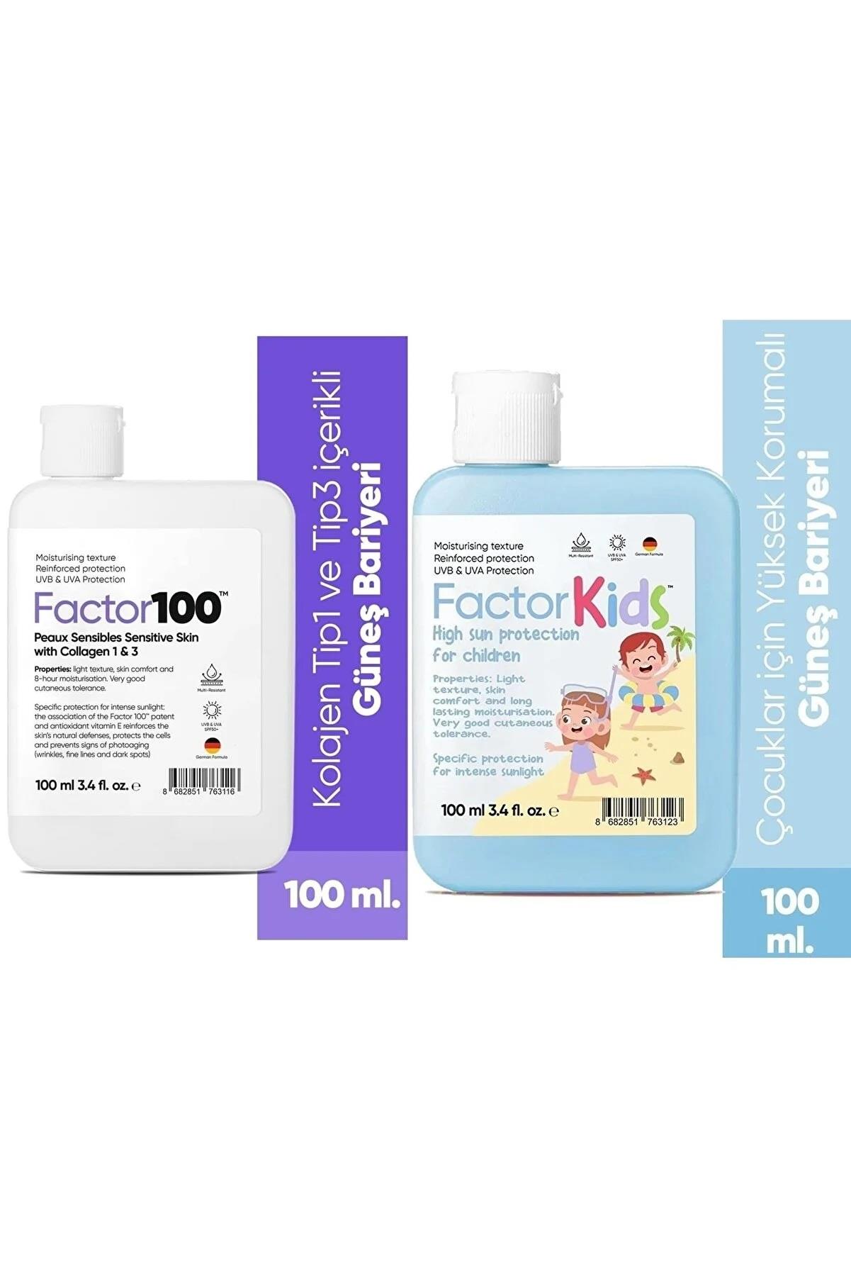 Factor100 Factor100 Güneş Kremi SPF50+ 100 ml 10 Adet + Factor Kids Güneş Kremi SPF50+ 100 ml Hediye