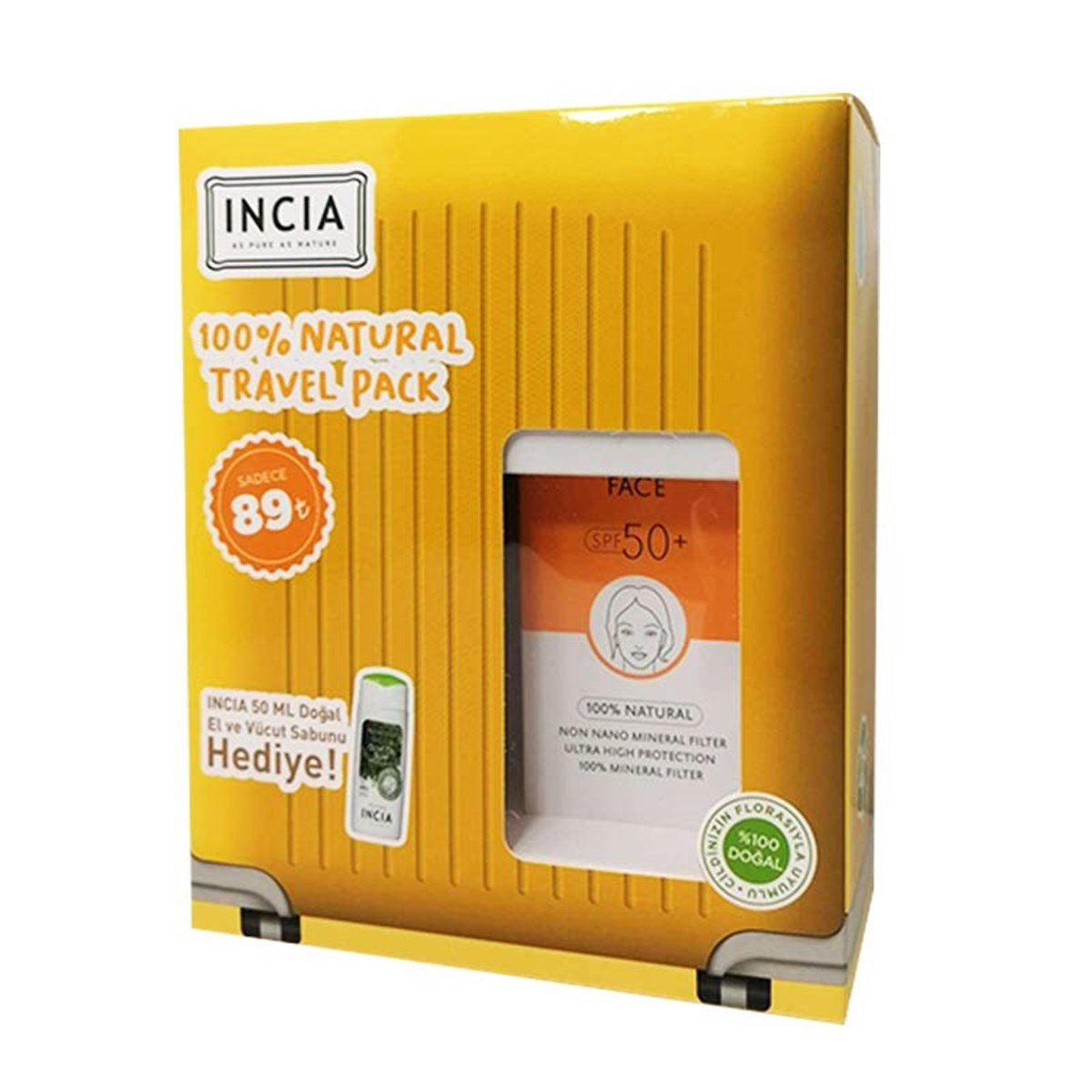 Incia Sun Screen Face Cream SPF50+ 50 ml + El & Vücut Sabunu 50 ml Hediyeli