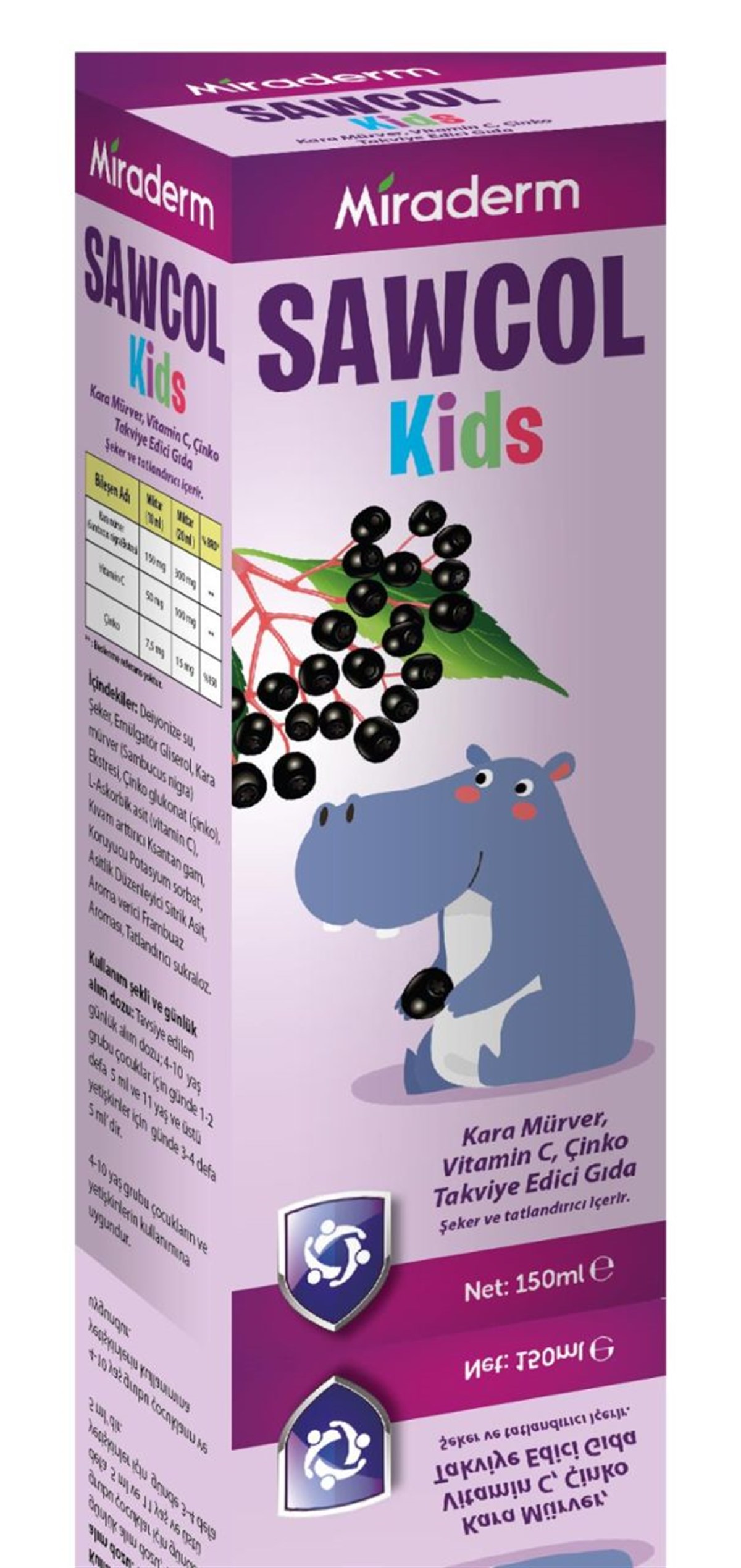 Miraderm Sawcol Kids Kara Mürver içerikli Şurup 150ml SKT:2022
