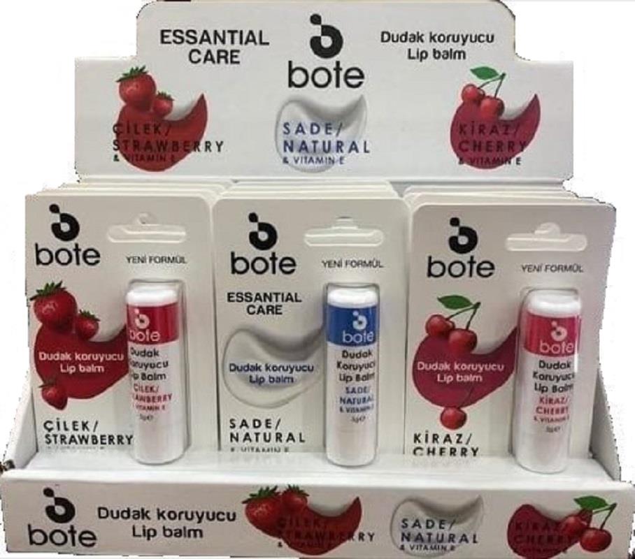 Otomatik Bote Dudak Koruyucu Lip Stick - Çilek + Kiraz + Sade Stant 12'li