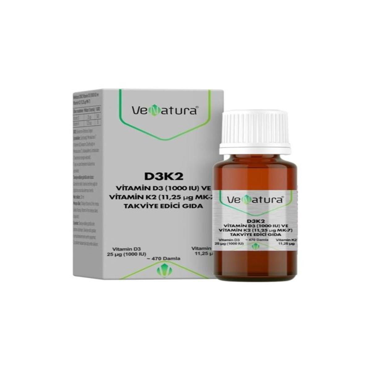  Venatura D3K2 Vitamin D3 1000 IU ve Vitamin K2 11,25 mcg MK-7 Takviye Edici Gıda 20 ml