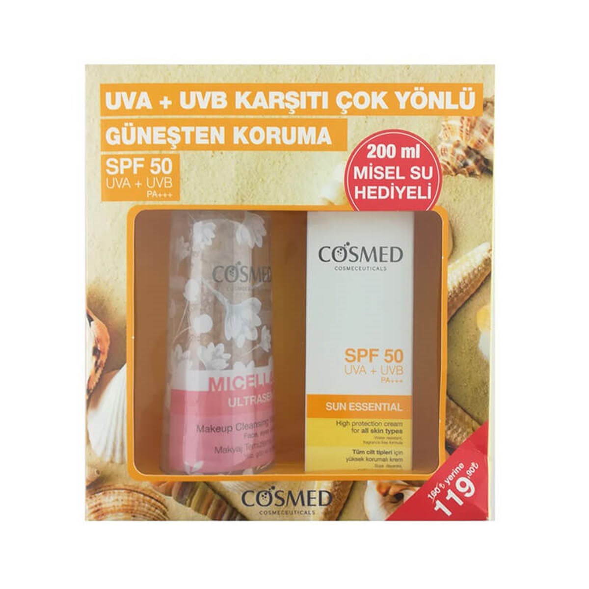 Cosmed Cosmed Tüm Cilt Tipleri İçin Güneş Koruması SPF50+ 50 ml + Misel Su Hediyeli 200 ml