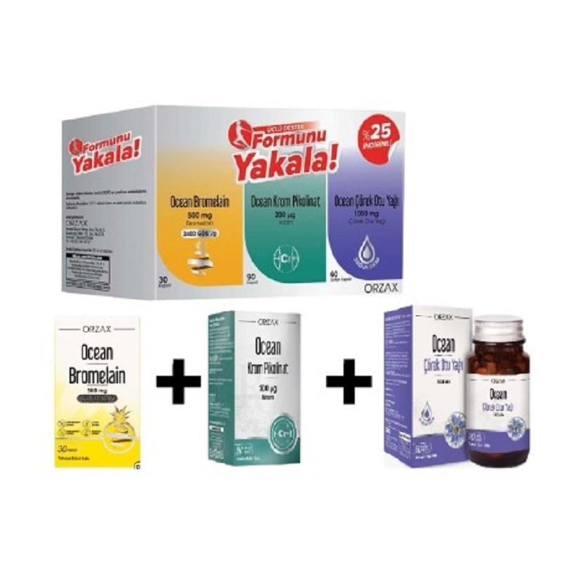 Ocean Ocean Formunu Yakala 3'lü Set (Bromelain 30 Kapsül + Krom Pikolinat 90 Kapsül + Çörek Otu Yağı 60 Kapsül )