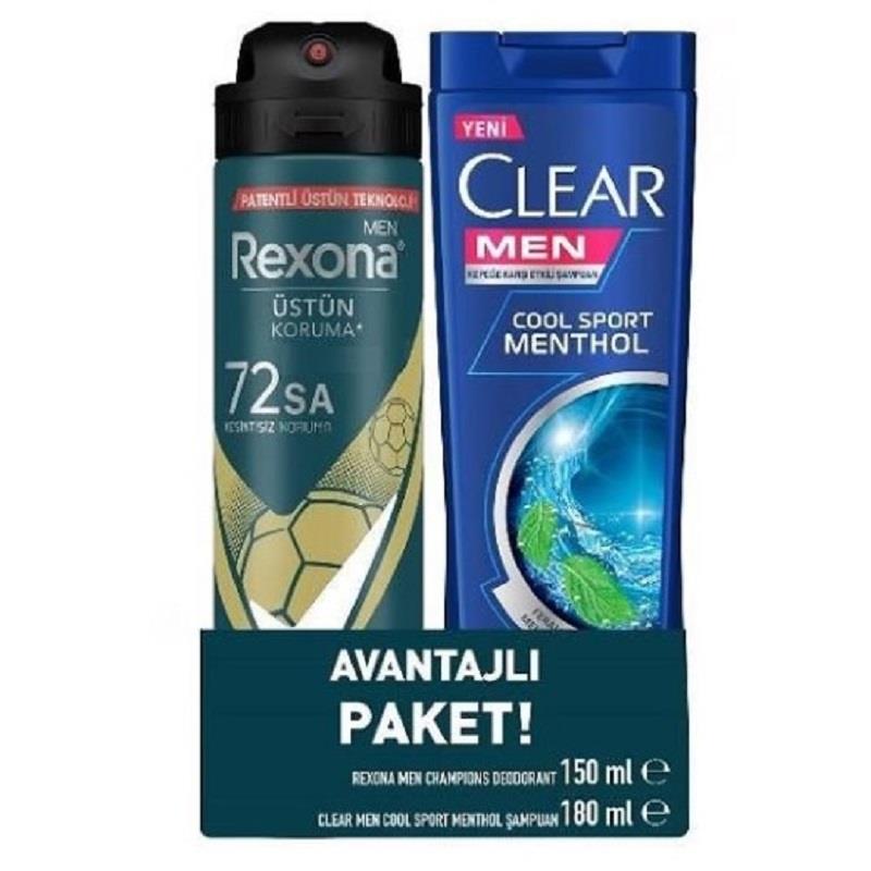 REXONA Rexona Sprey Deodorant Champions Üstün Koruma Men 150 ml + Clear Cool Sport Menthol Şampuan 150 ml