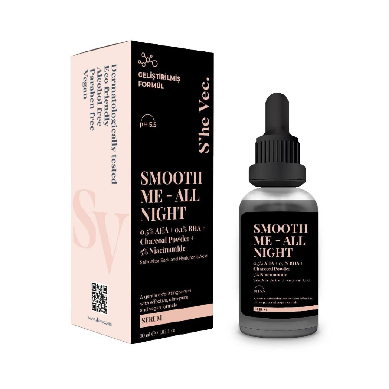 SHE She Vec Smooth Me All Night Aktif Kömür İçeren Matlaştırıcı ve Cilt Kusur Görünümünü Azaltıcı Siyah Serum 30 ml