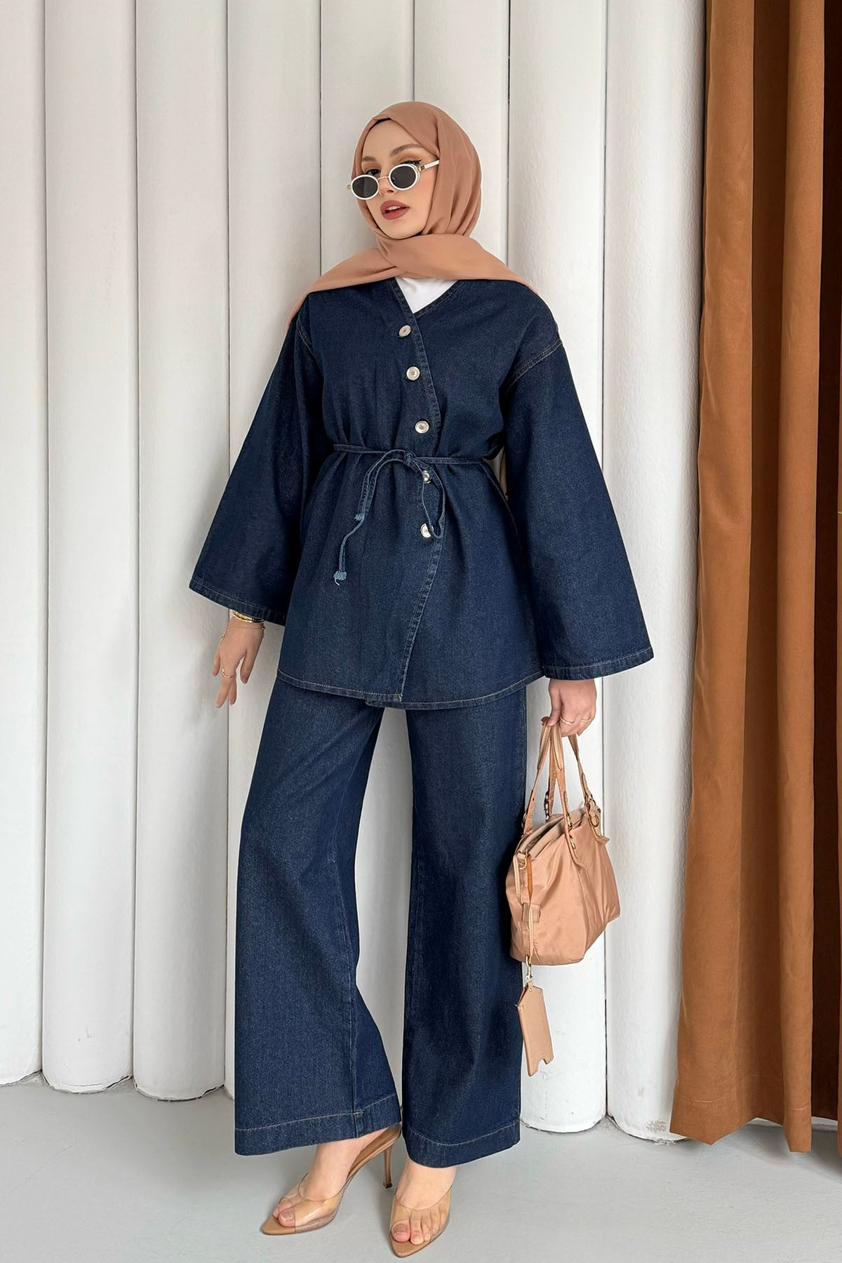 Asimetrik Düğmeli Denim Tesettür Takım-KOYU MAVİ