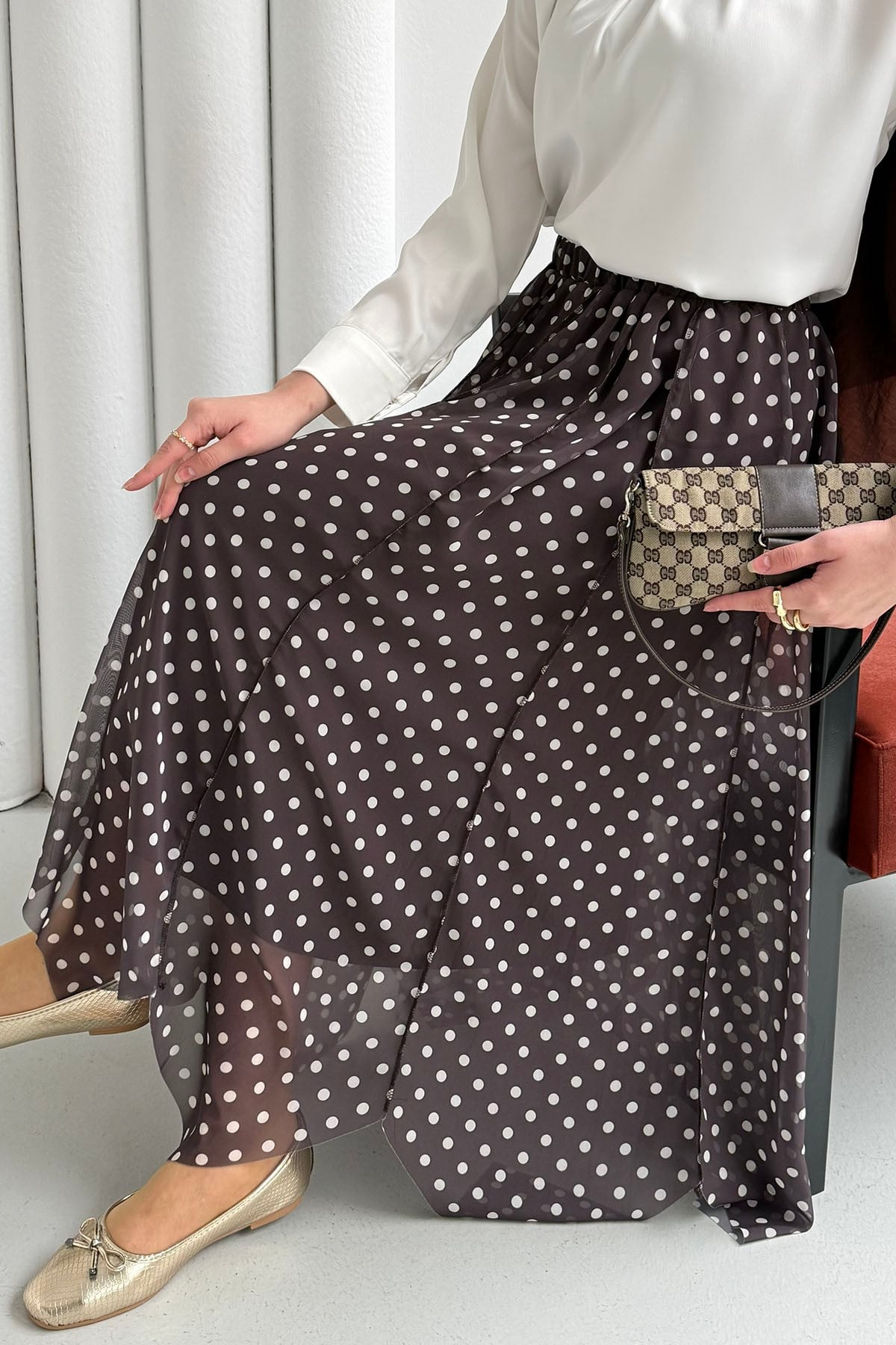 Asimetrik Kesim Puantiyeli Şifon Etek-KAHVERENGİ