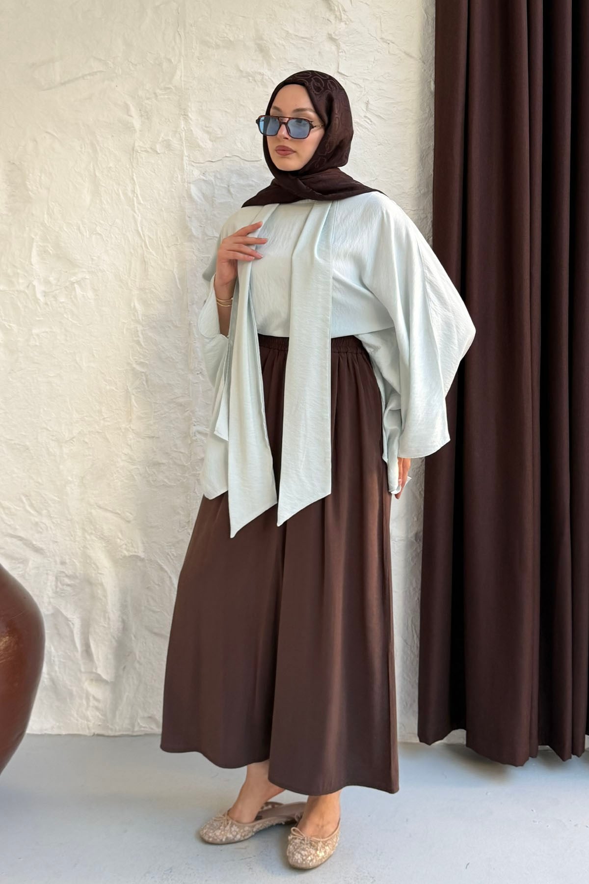 Asimetrik Kesim Yarasa Kol Tensel Kumaş Panço Bluz-SOFT MAVİ