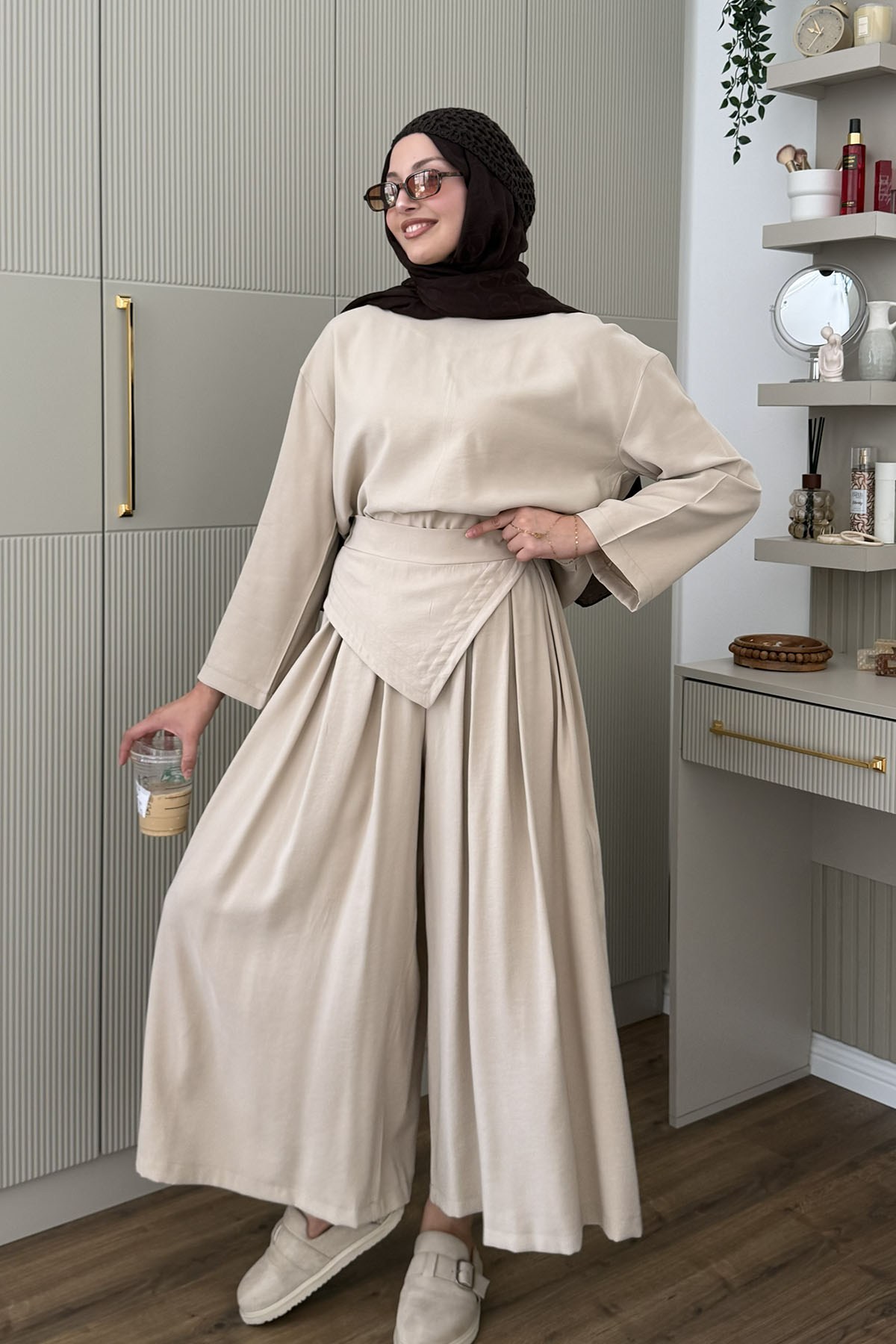 Asimetrik Kuşak Detaylı Tesettür Pantolon Takım-TAŞ