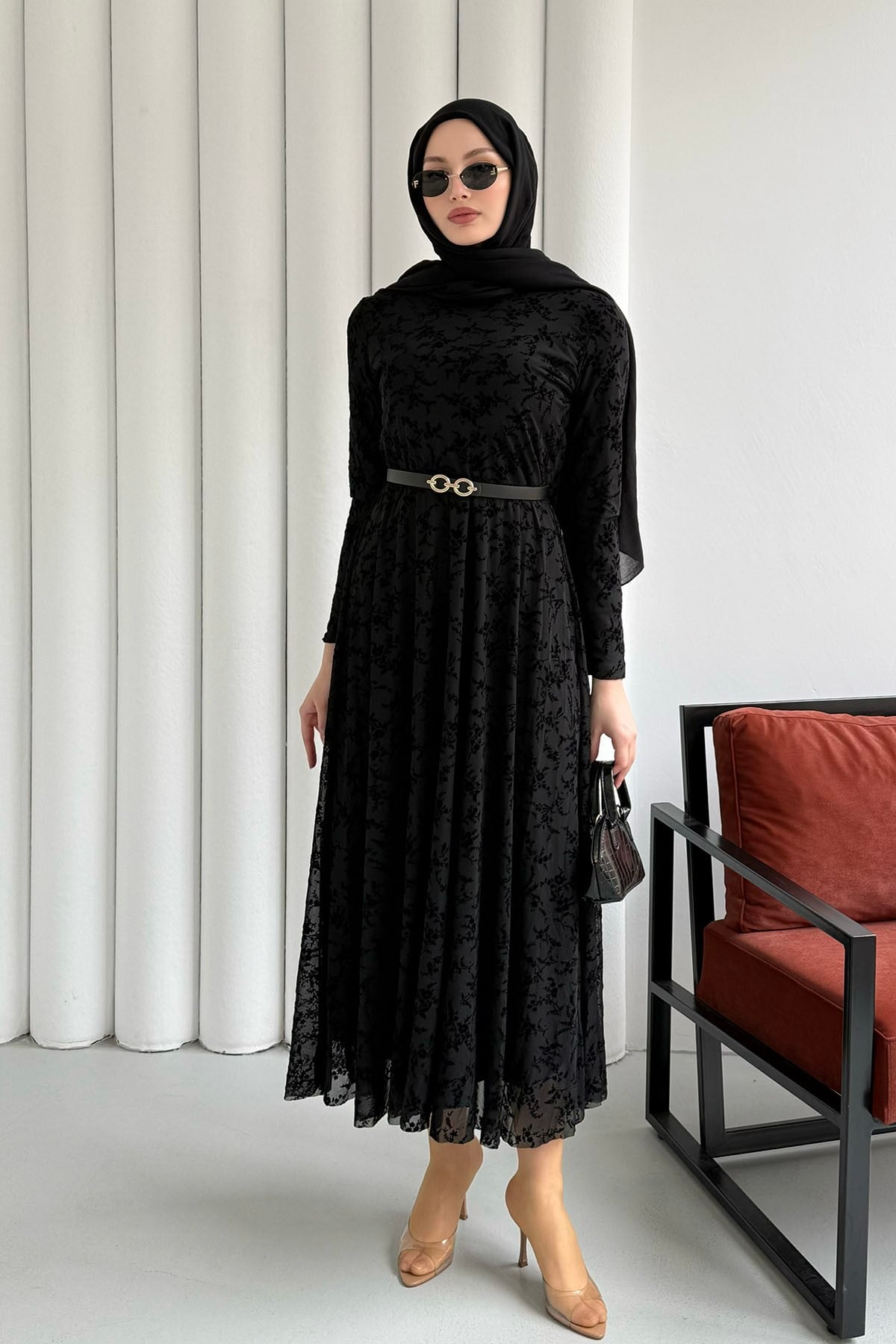 Astarlı Flok Baskılı Tesettür Elbise-SİYAH