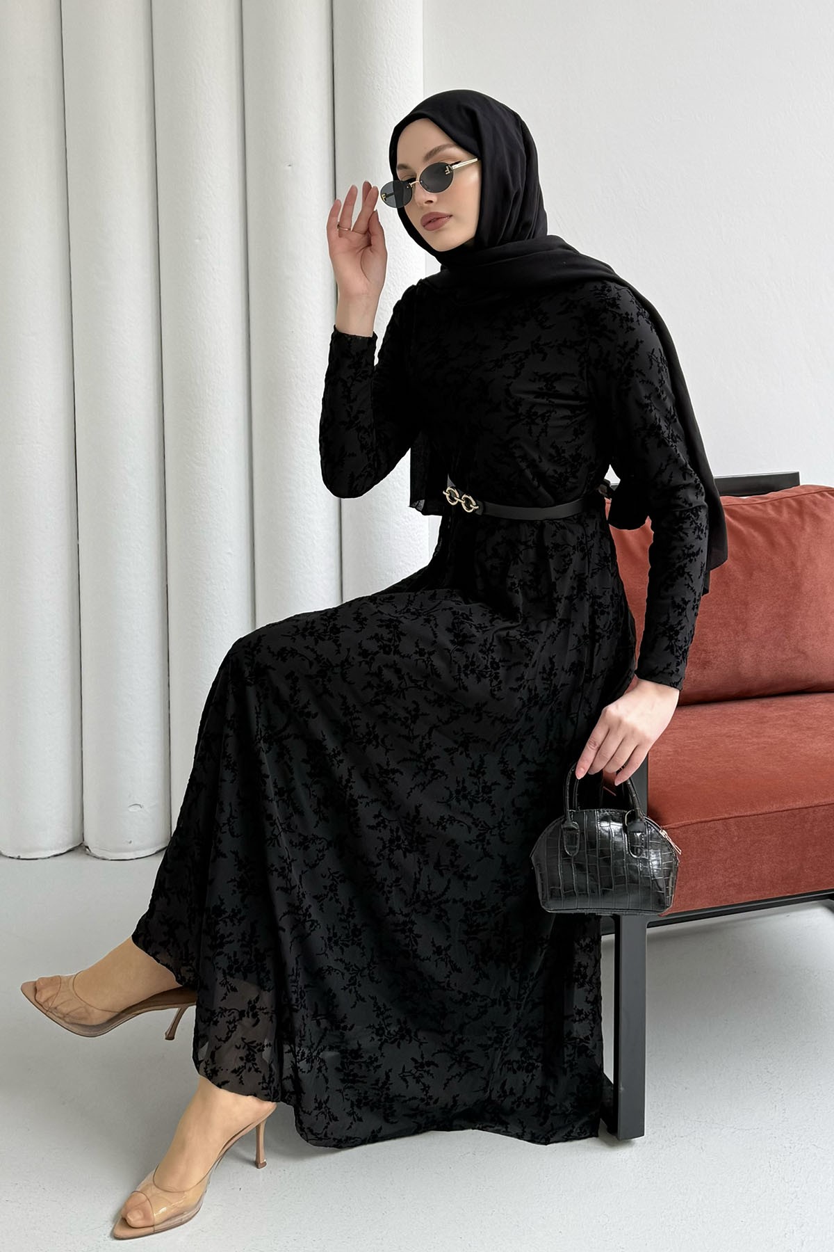 Astarlı Flok Baskılı Tesettür Elbise-SİYAH