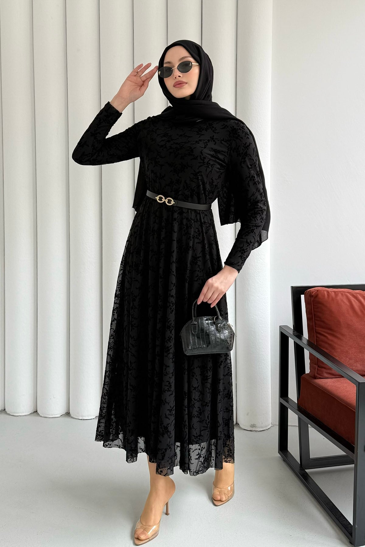 Astarlı Flok Baskılı Tesettür Elbise-SİYAH