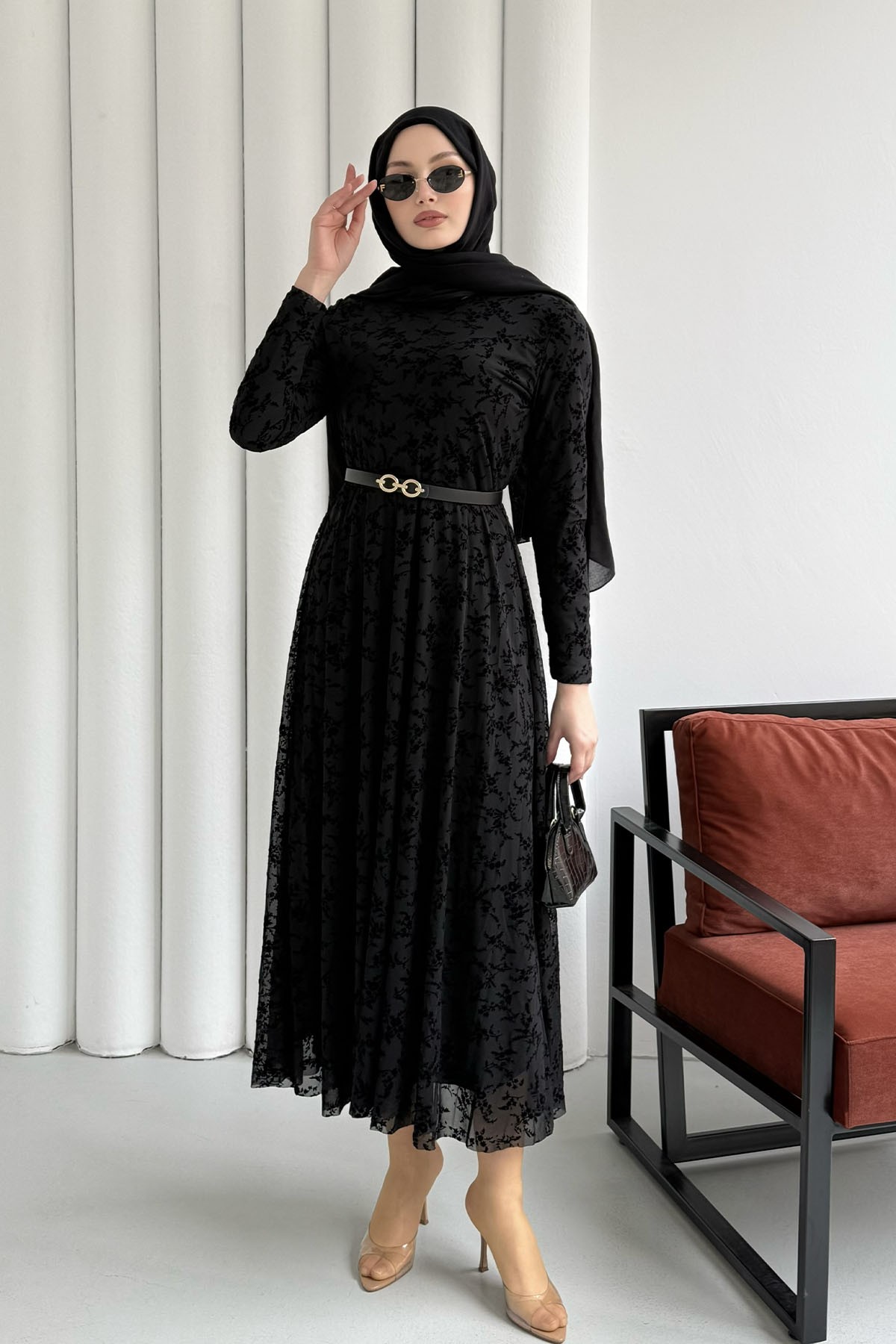 Astarlı Flok Baskılı Tesettür Elbise-SİYAH