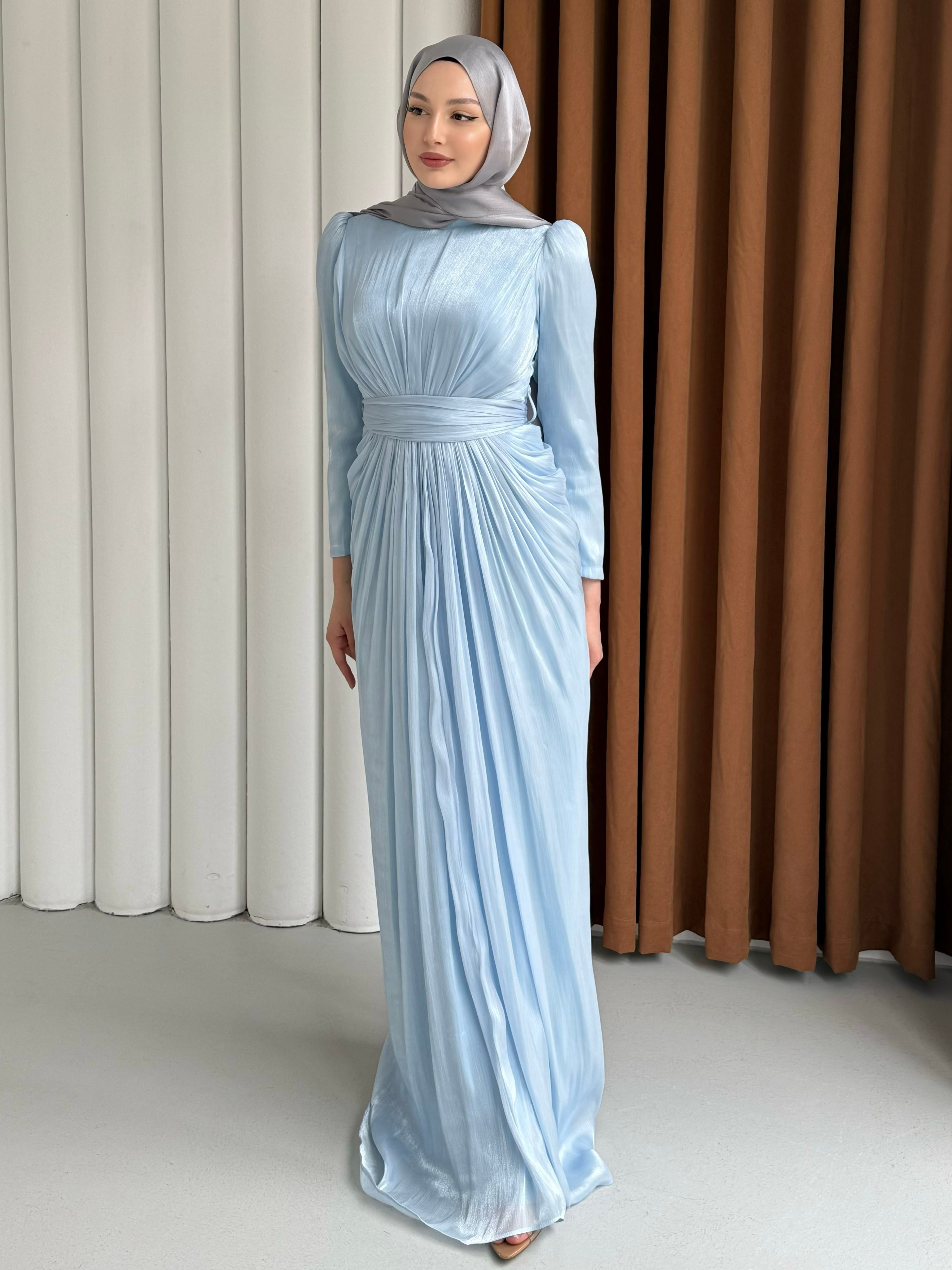 Aura Luxe Tesettür Abiye-BEBE MAVİ