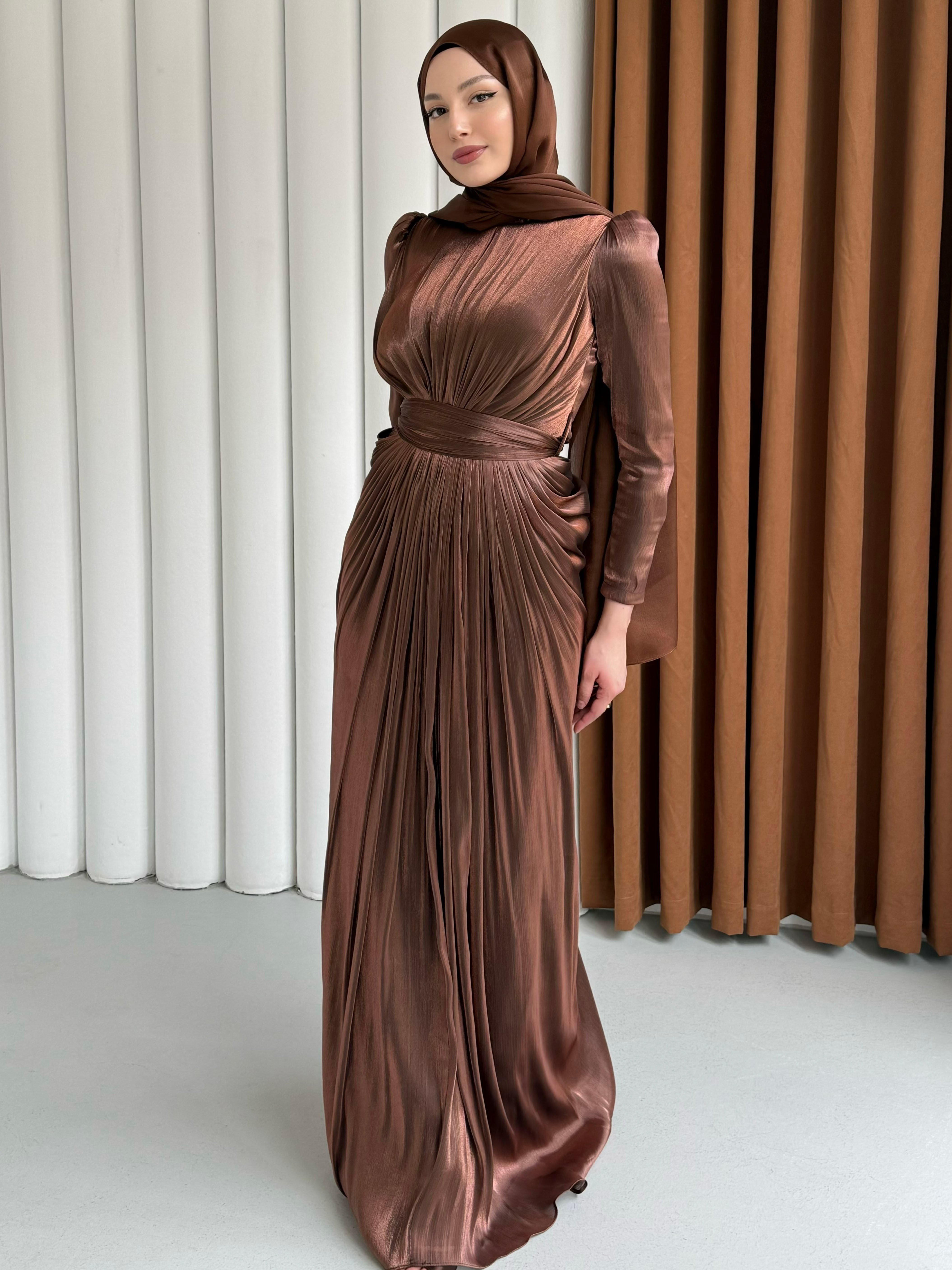 Aura Luxe Tesettür Abiye-KAHVERENGİ