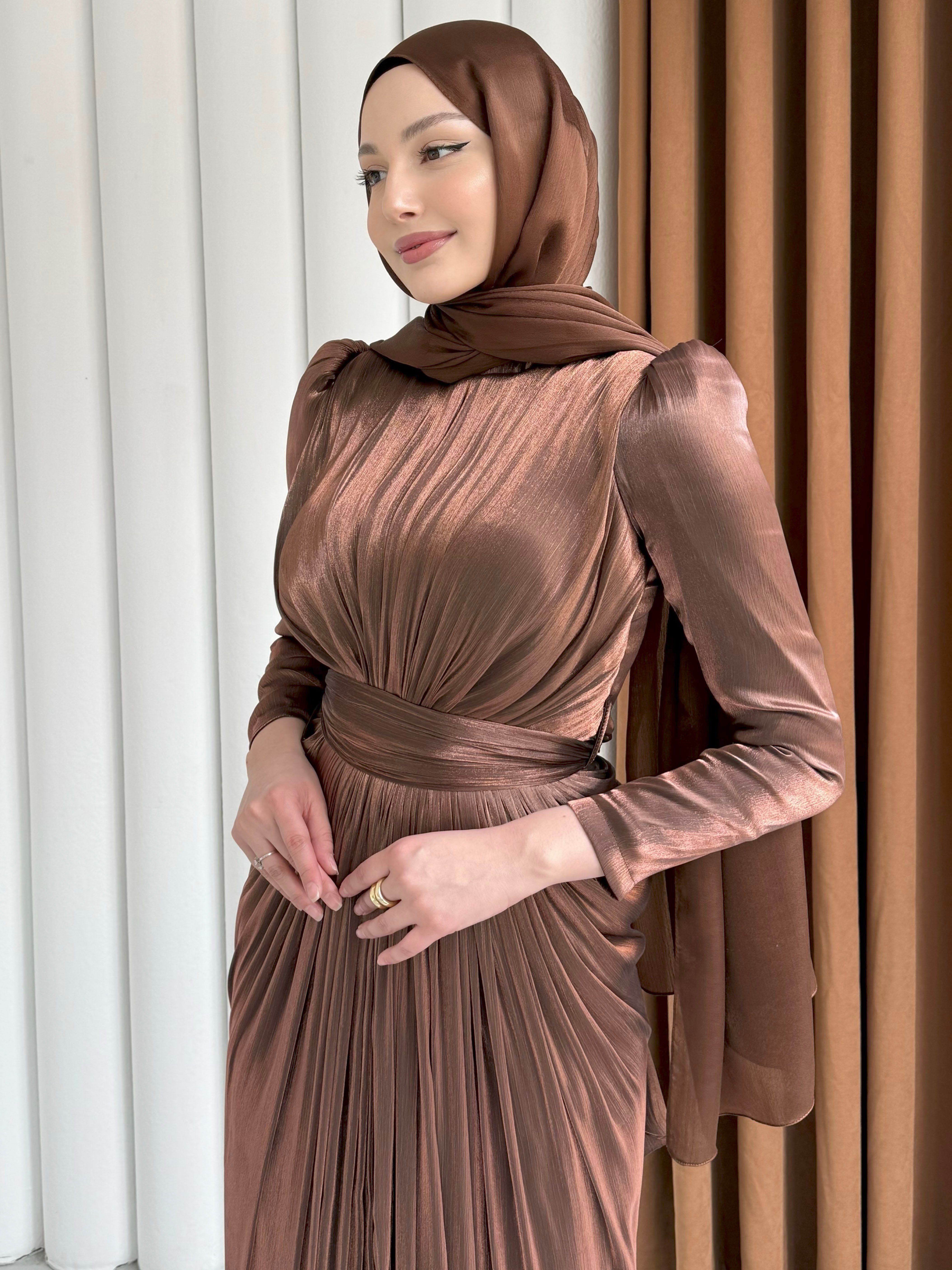Aura Luxe Tesettür Abiye-KAHVERENGİ