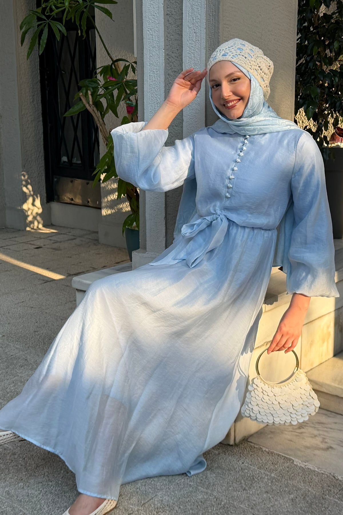 Bağlama Detaylı Balon Kol Tesettür Elbise-BEBE MAVİ