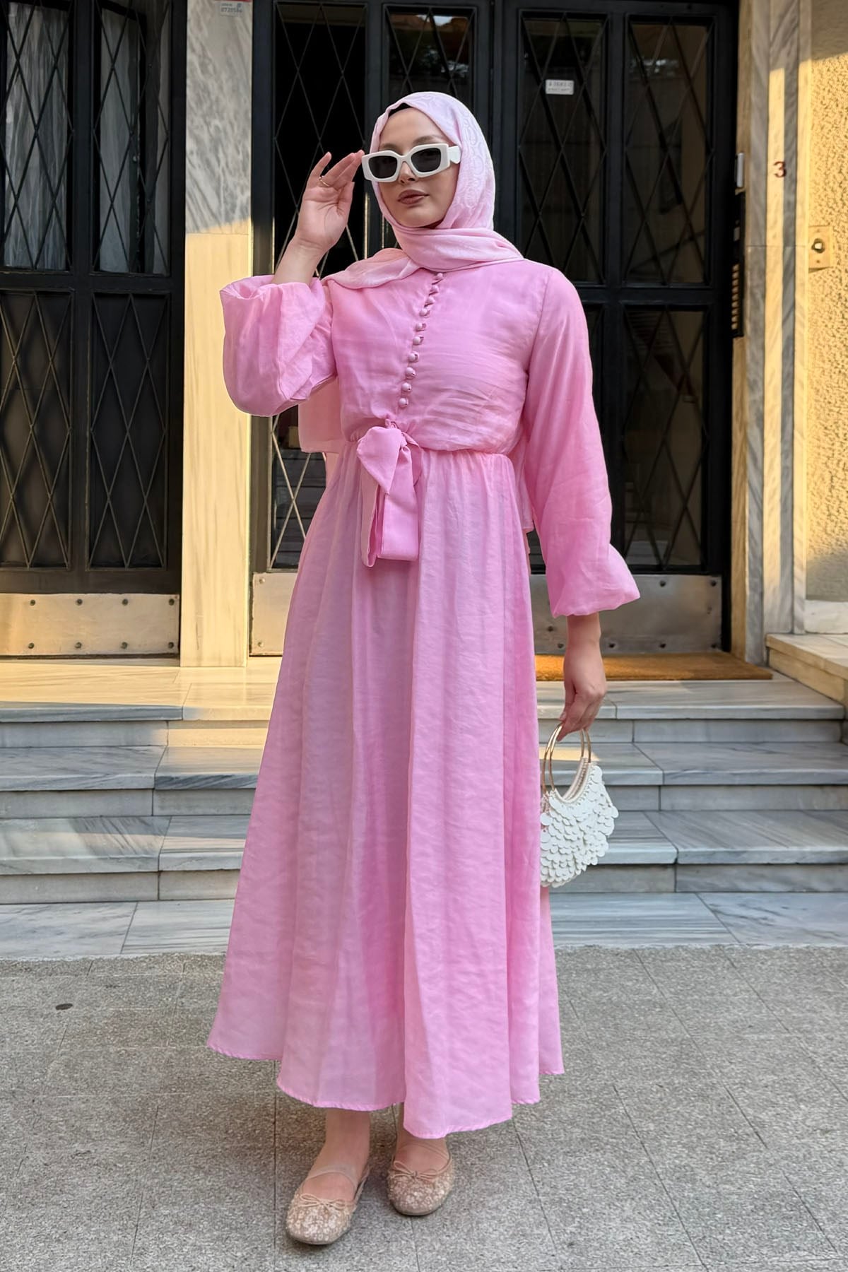 Bağlama Detaylı Balon Kol Tesettür Elbise-PEMBE