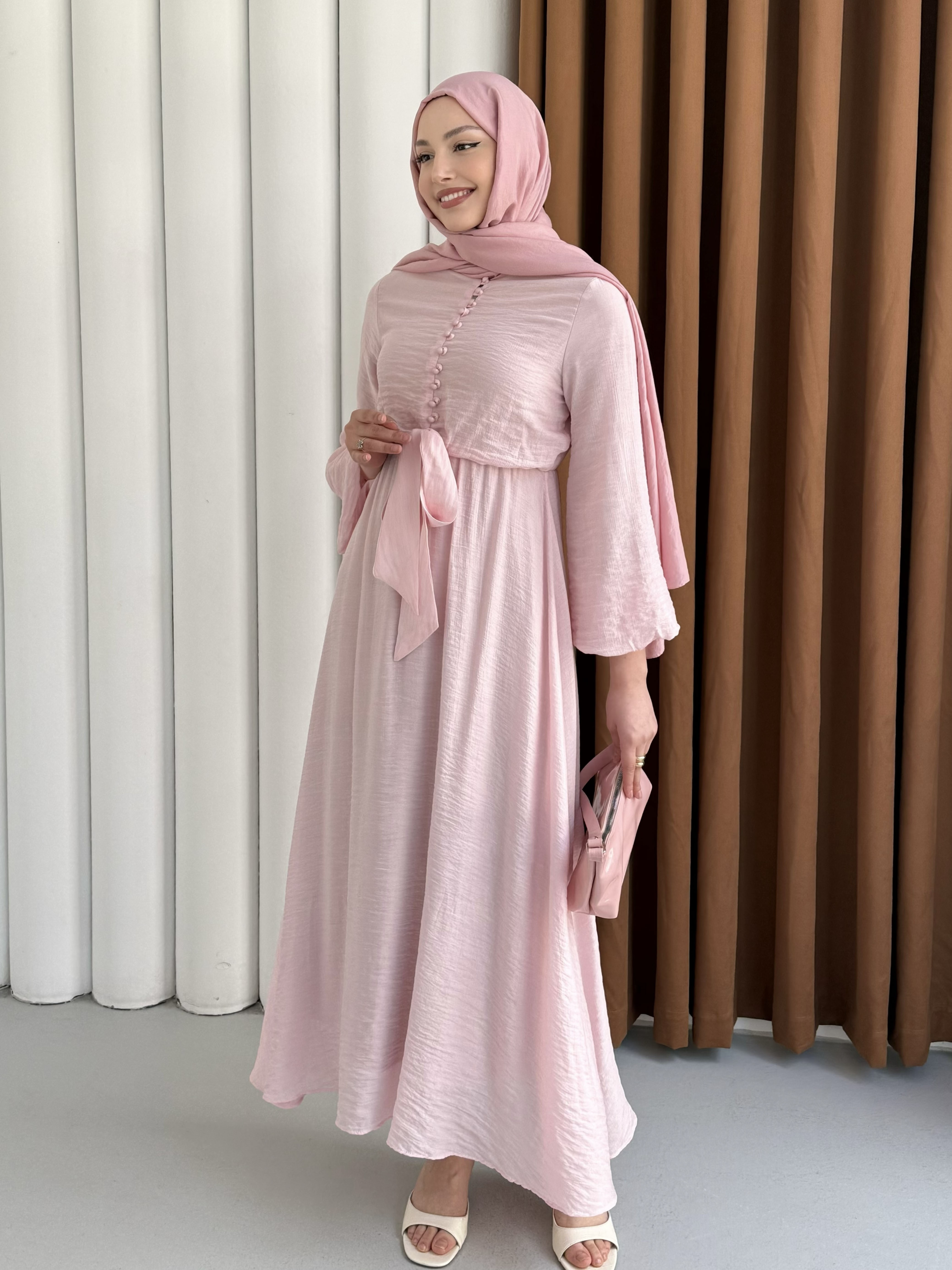 Bağlama Detaylı Balon Kol Tesettür Elbise-PEMBE