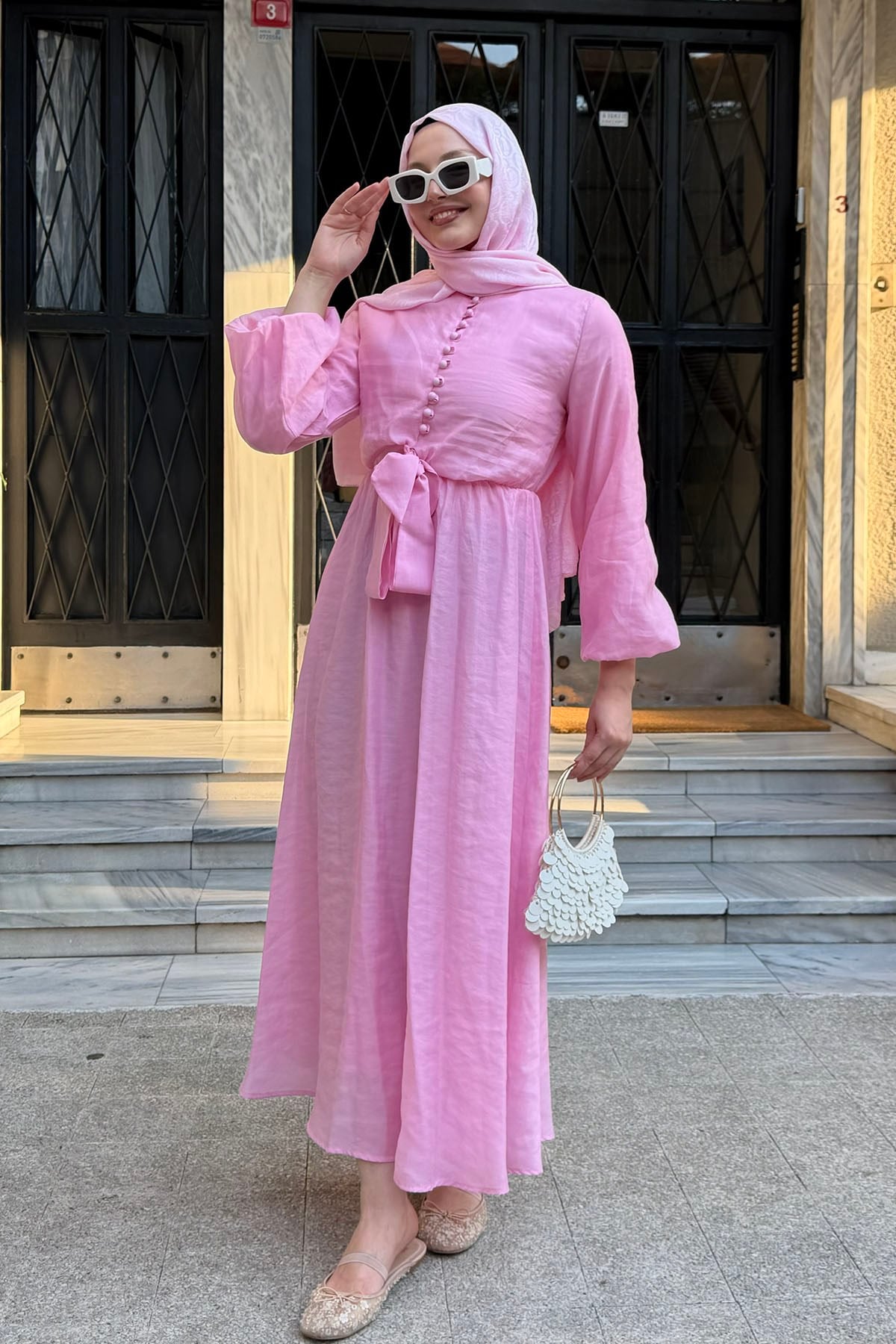 Bağlama Detaylı Balon Kol Tesettür Elbise-PEMBE