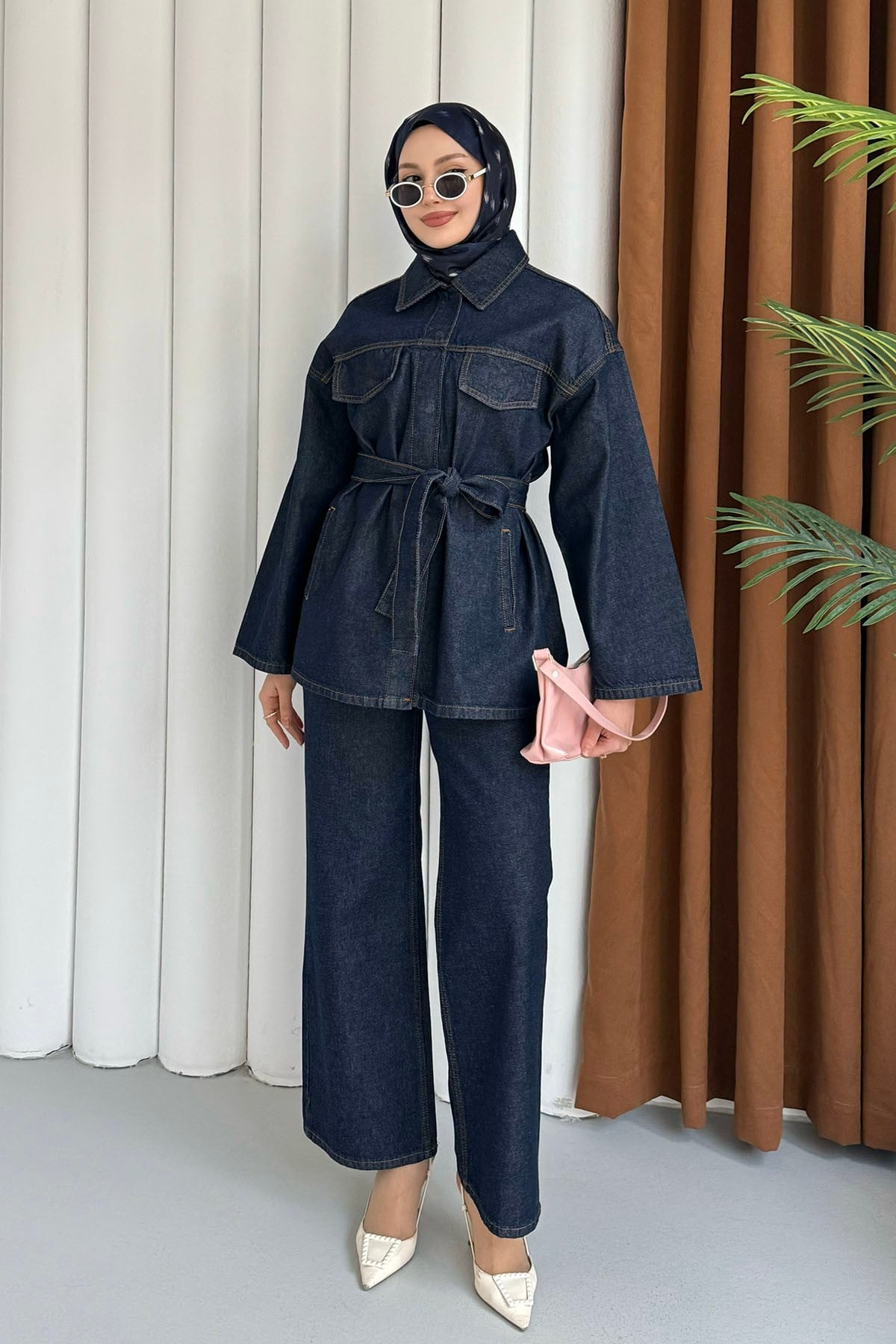 Bağlamalı Çıtçıt Detay Denim Tesettür Takım-KOYU MAVİ