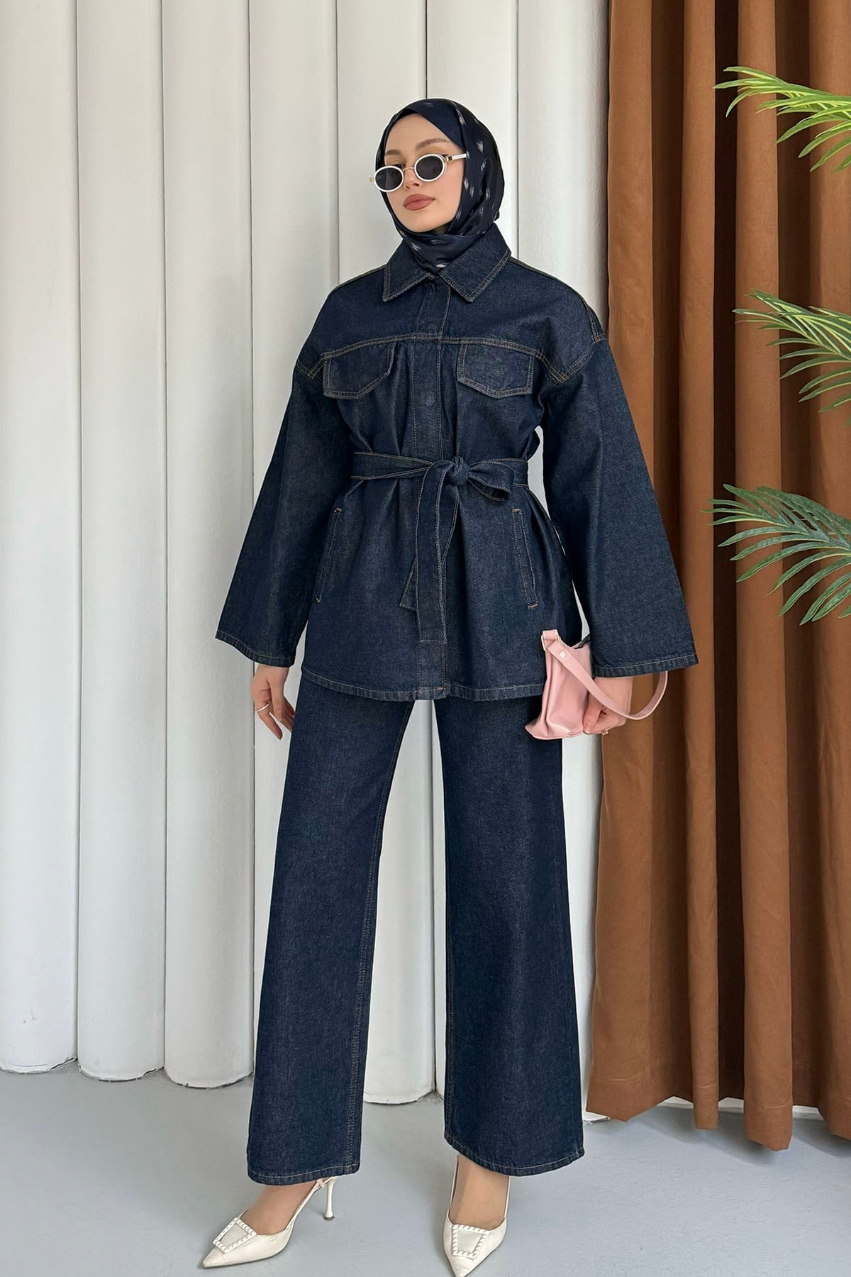 Bağlamalı Çıtçıt Detay Denim Tesettür Takım-KOYU MAVİ