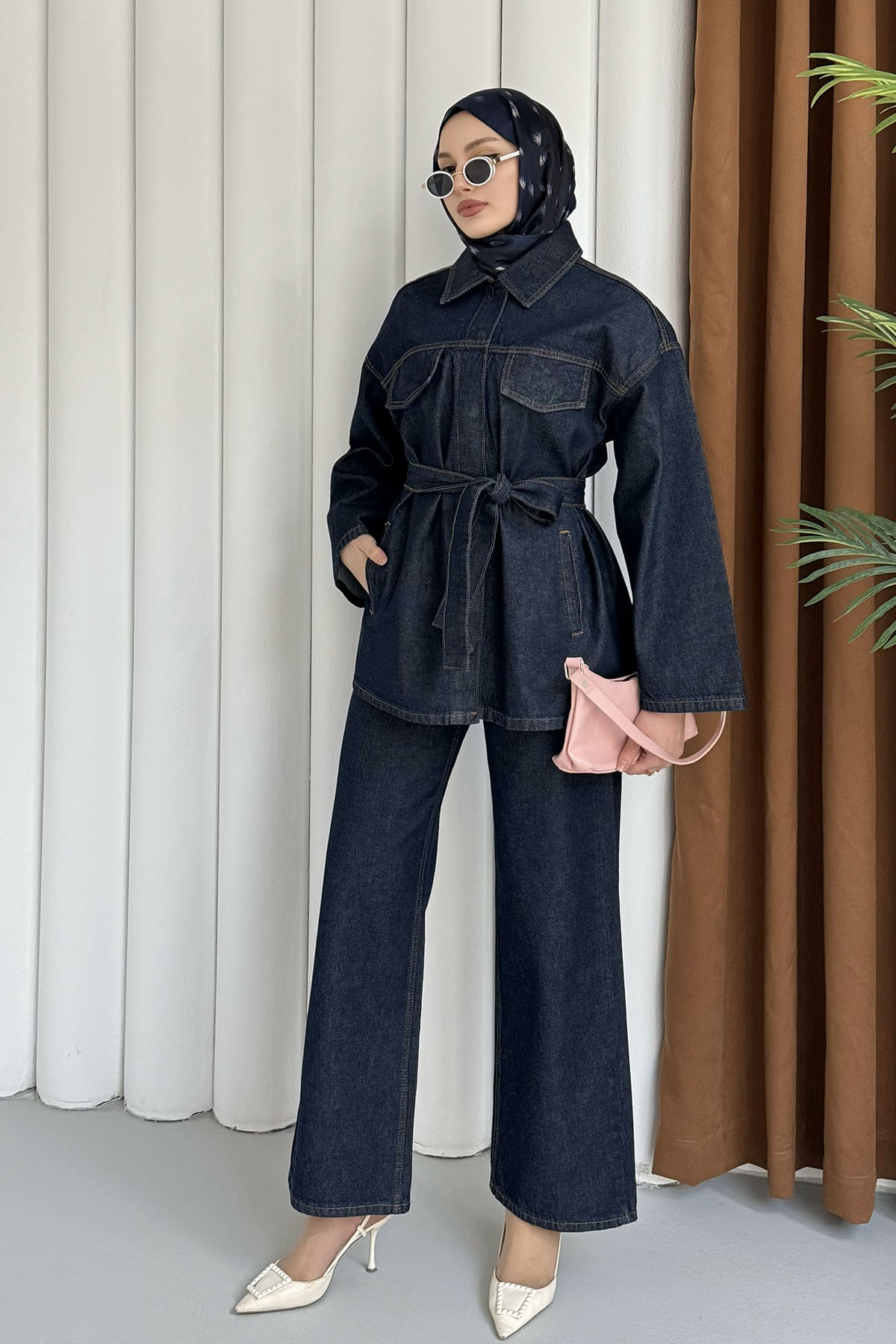 Bağlamalı Çıtçıt Detay Denim Tesettür Takım-KOYU MAVİ