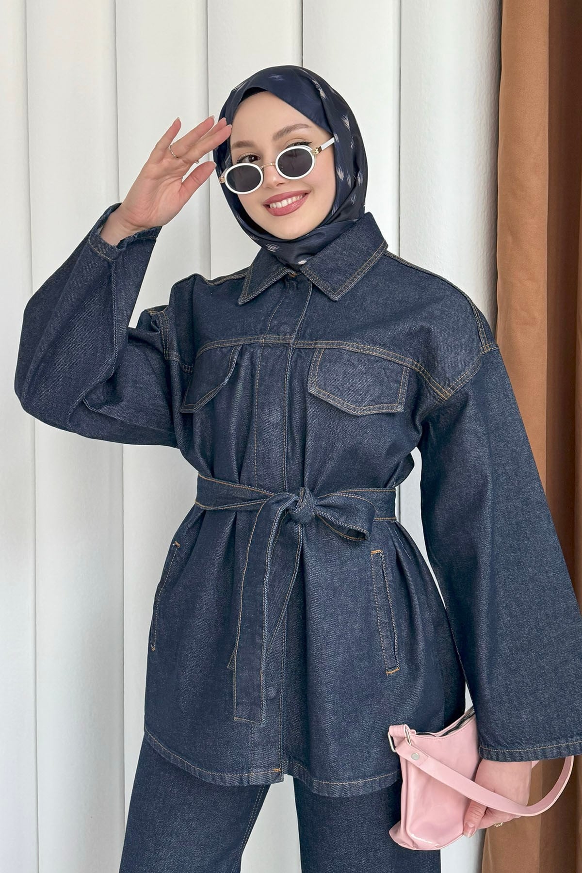 Bağlamalı Çıtçıt Detay Denim Tesettür Takım-KOYU MAVİ