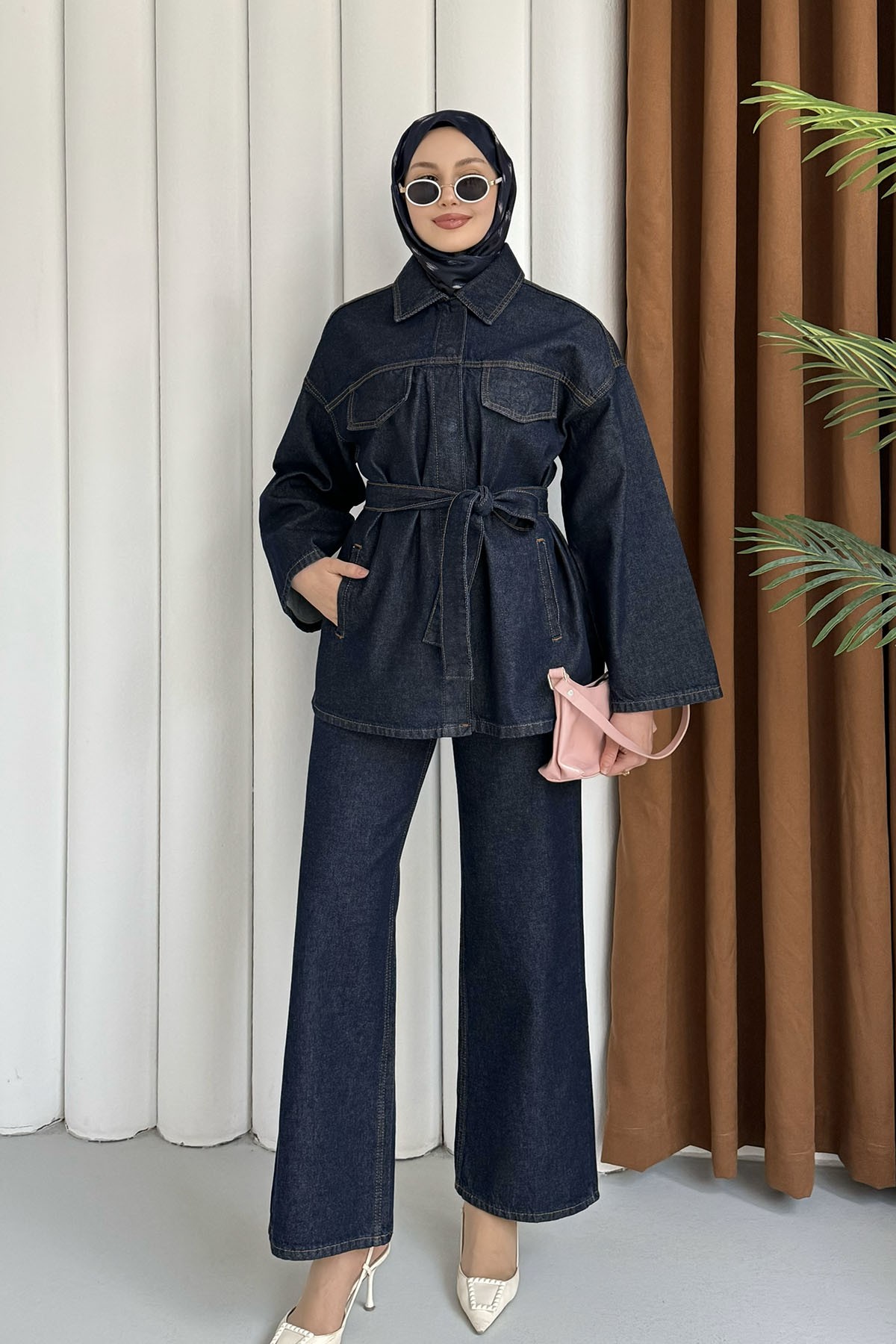 Bağlamalı Çıtçıt Detay Denim Tesettür Takım-KOYU MAVİ