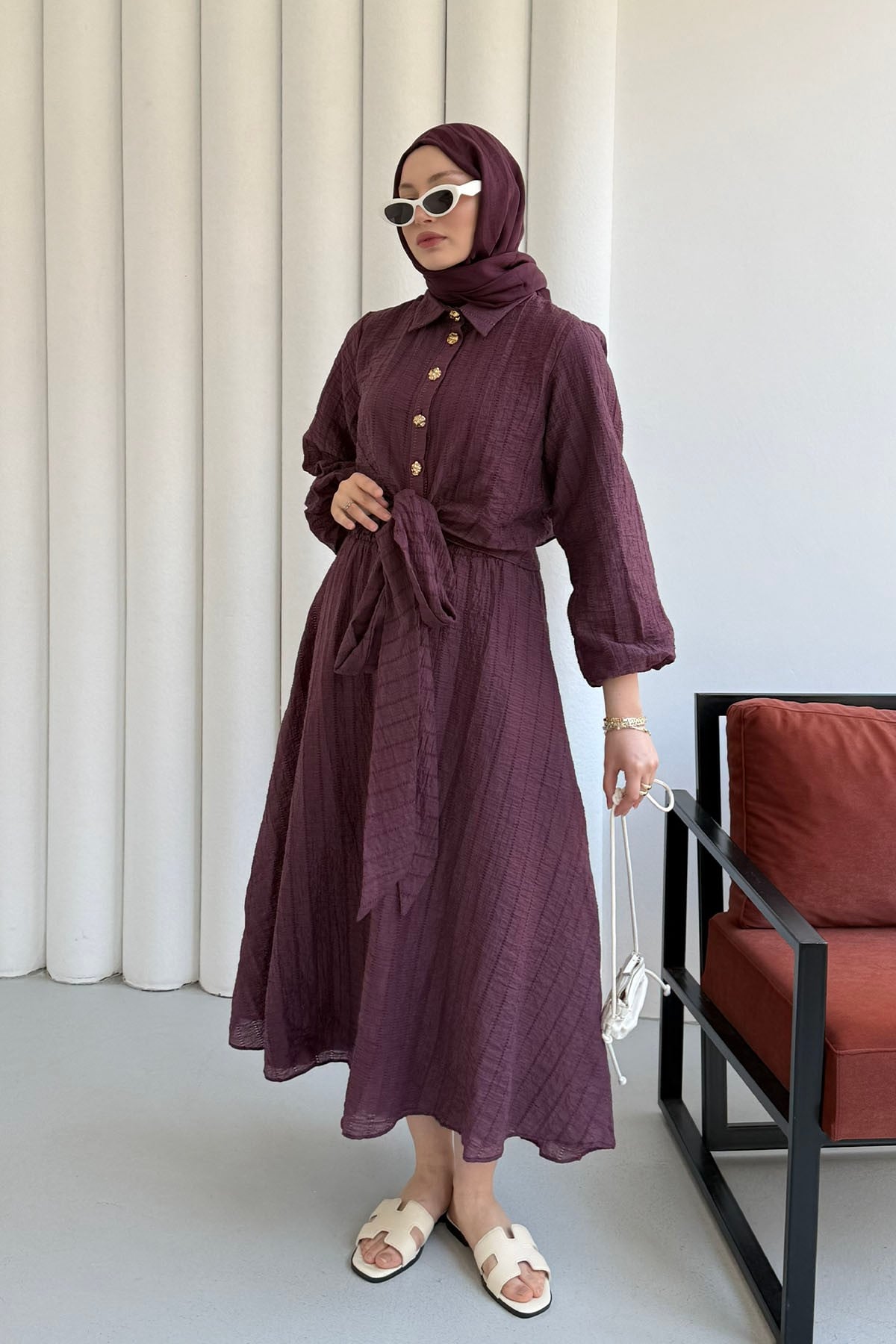 Bağlamalı Gömlek Detay Etekli Tesettür Takım-MÜRDÜM