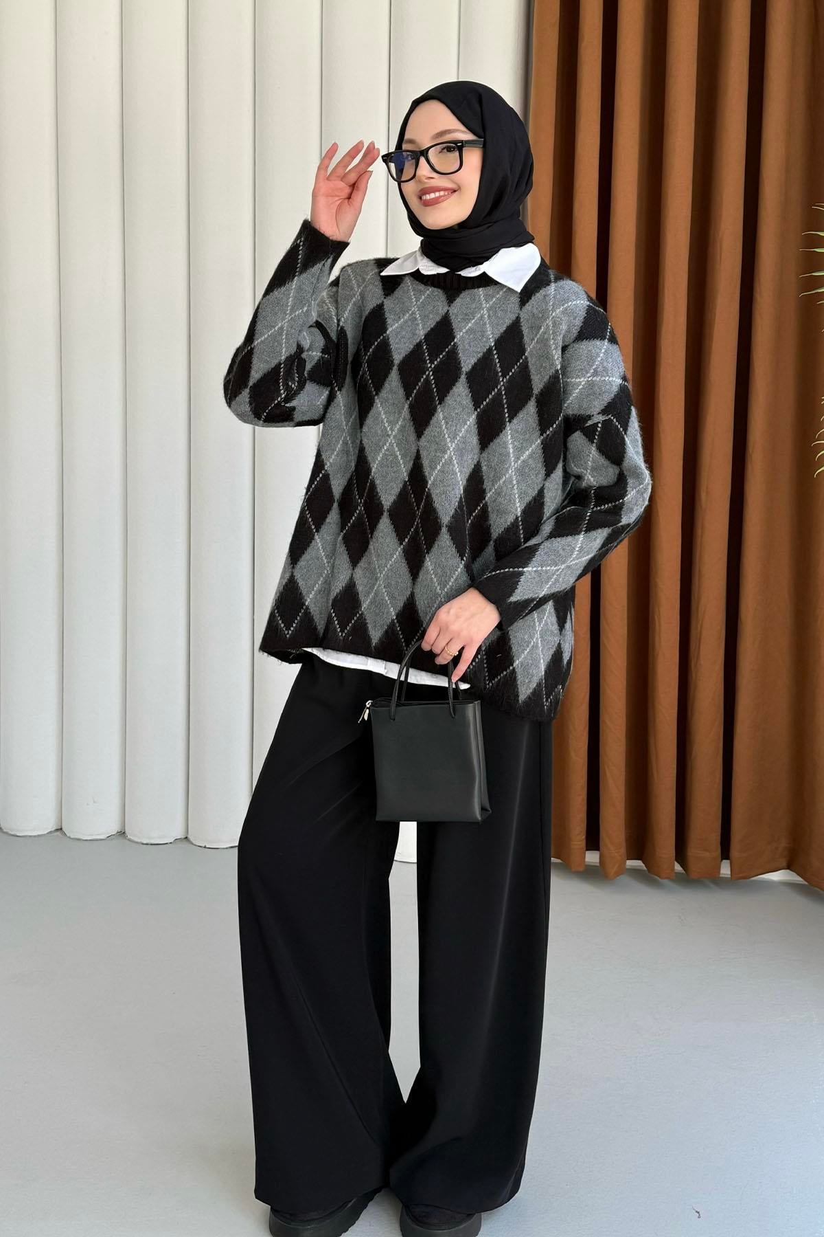 Baklava Desen Triko Kazak-SİYAH