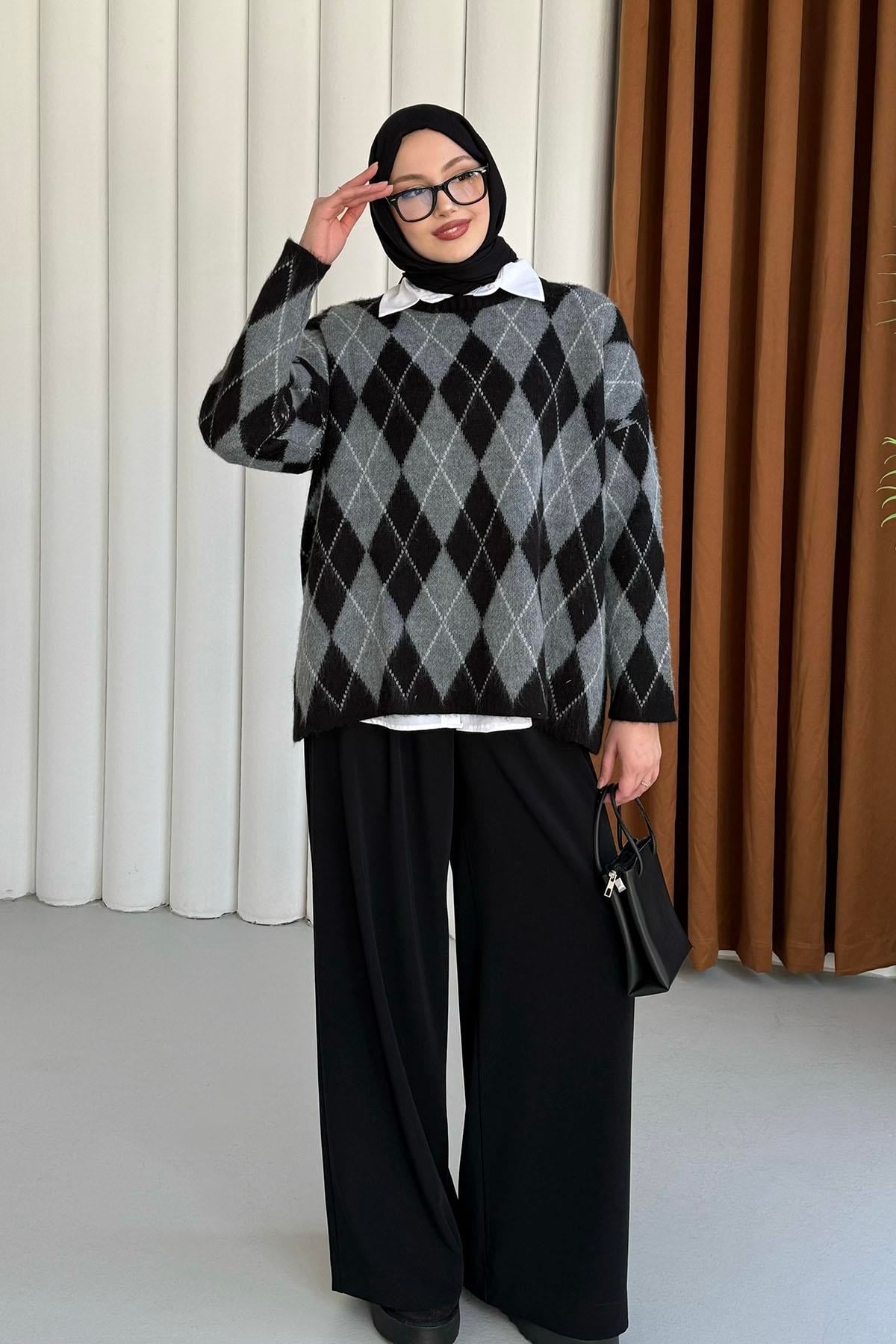 Baklava Desen Triko Kazak-SİYAH