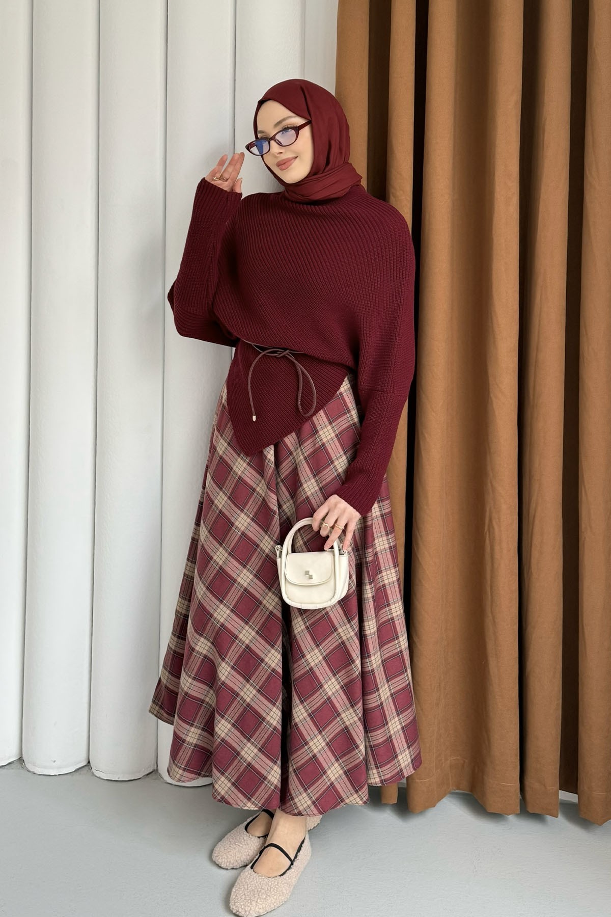 Balıkçı Yaka Asimetrik Triko Kazak-BORDO