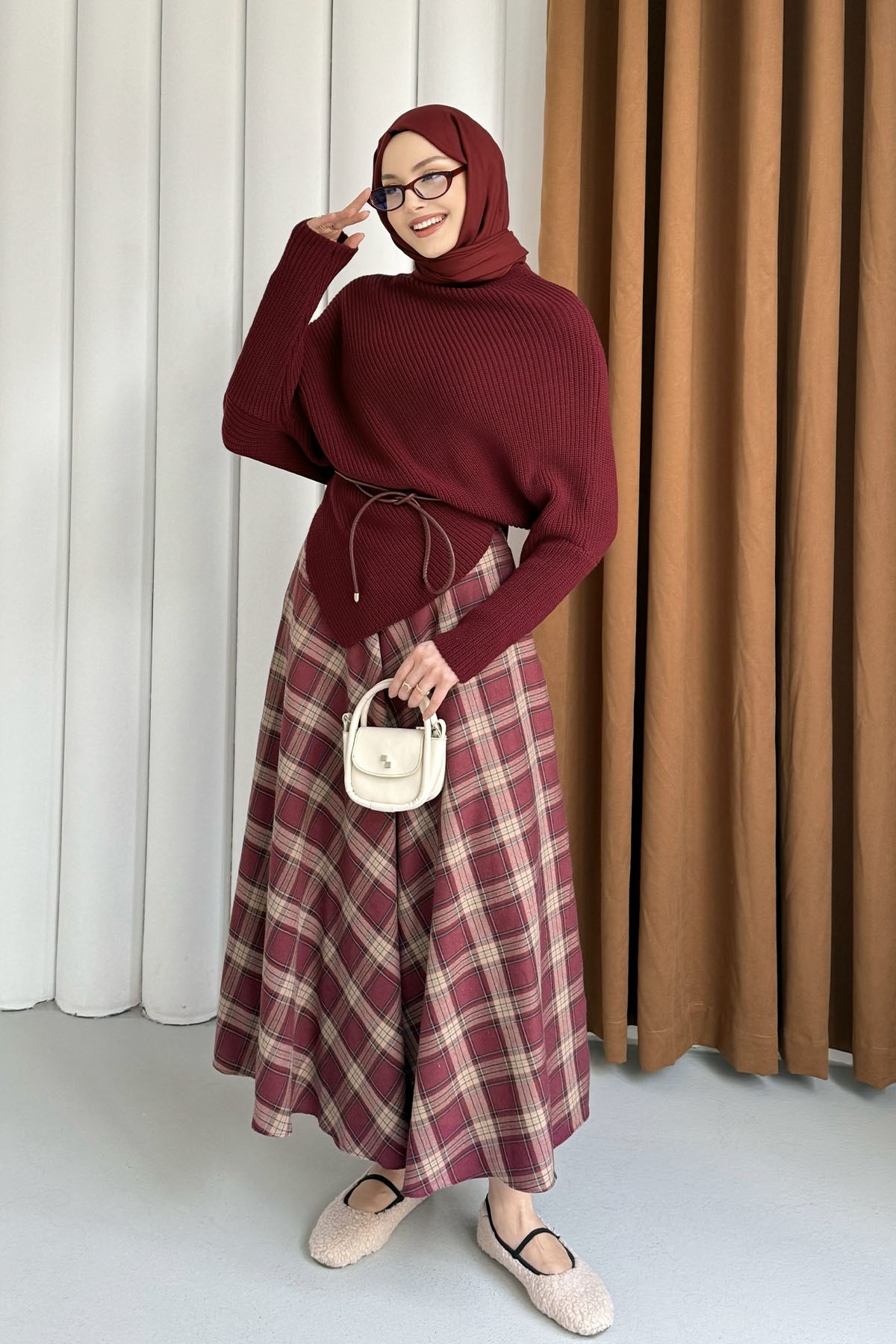 Balıkçı Yaka Asimetrik Triko Kazak-BORDO
