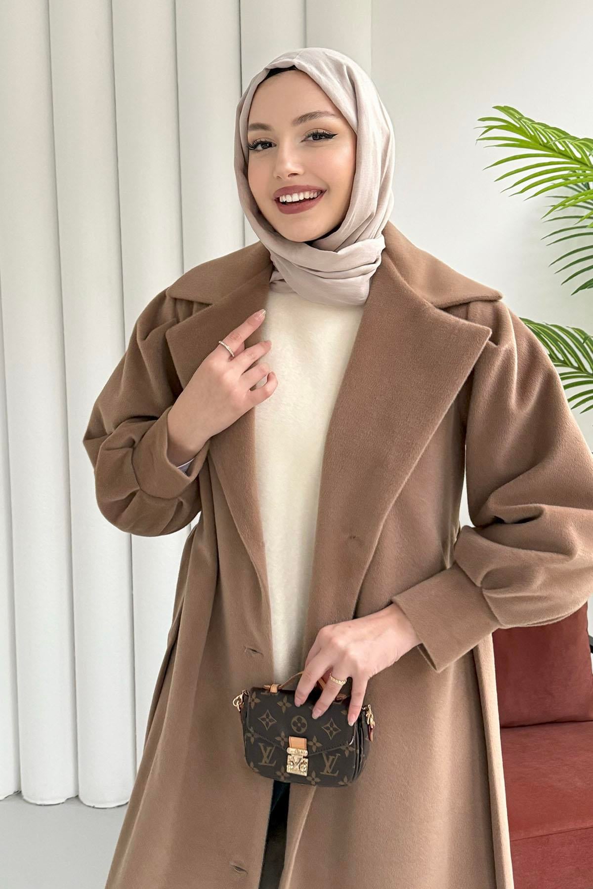 Balon Kol Astarlı Bel Kuşaklı Kaşe Kaban-CAMEL