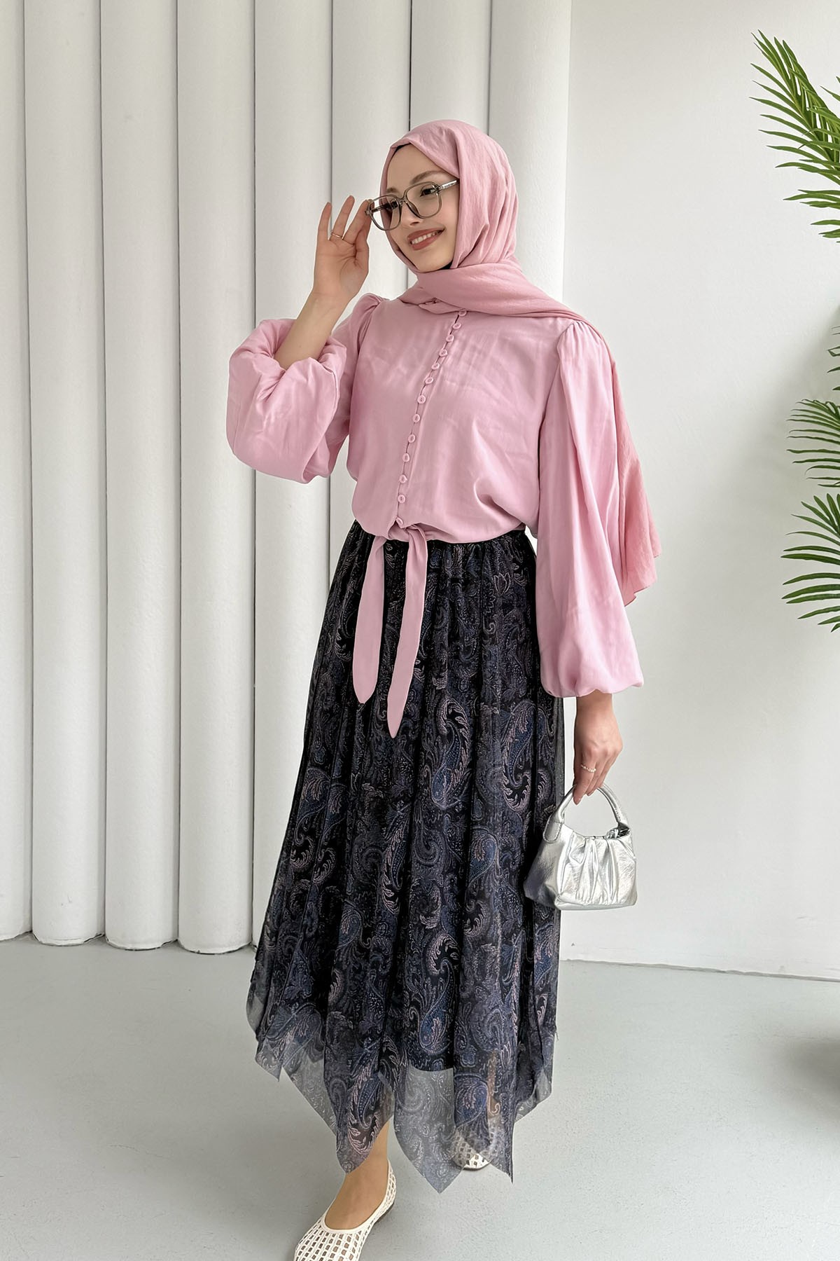 Balon Kol Etek Ucu Bağlamalı Bluz-PEMBE