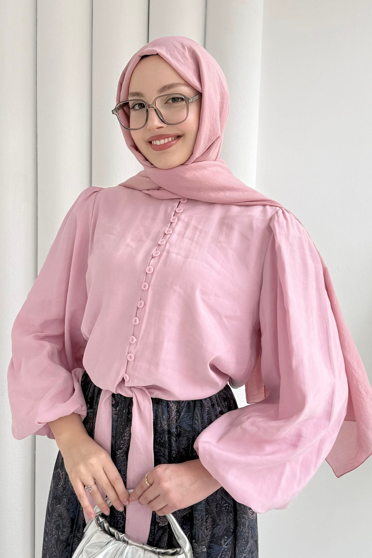 Balon Kol Etek Ucu Bağlamalı Bluz-PEMBE