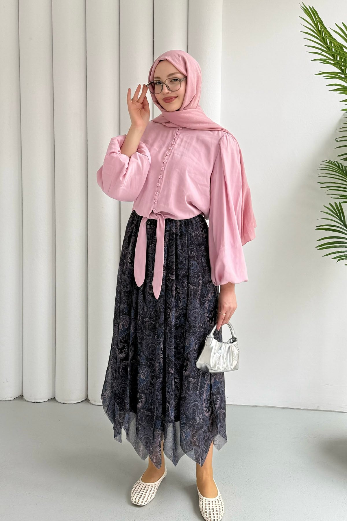 Balon Kol Etek Ucu Bağlamalı Bluz-PEMBE