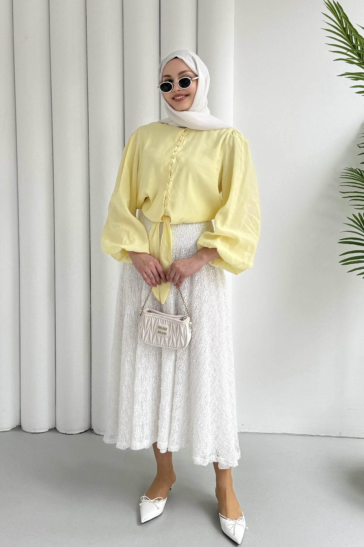 Balon Kol Etek Ucu Bağlamalı Bluz-SARI