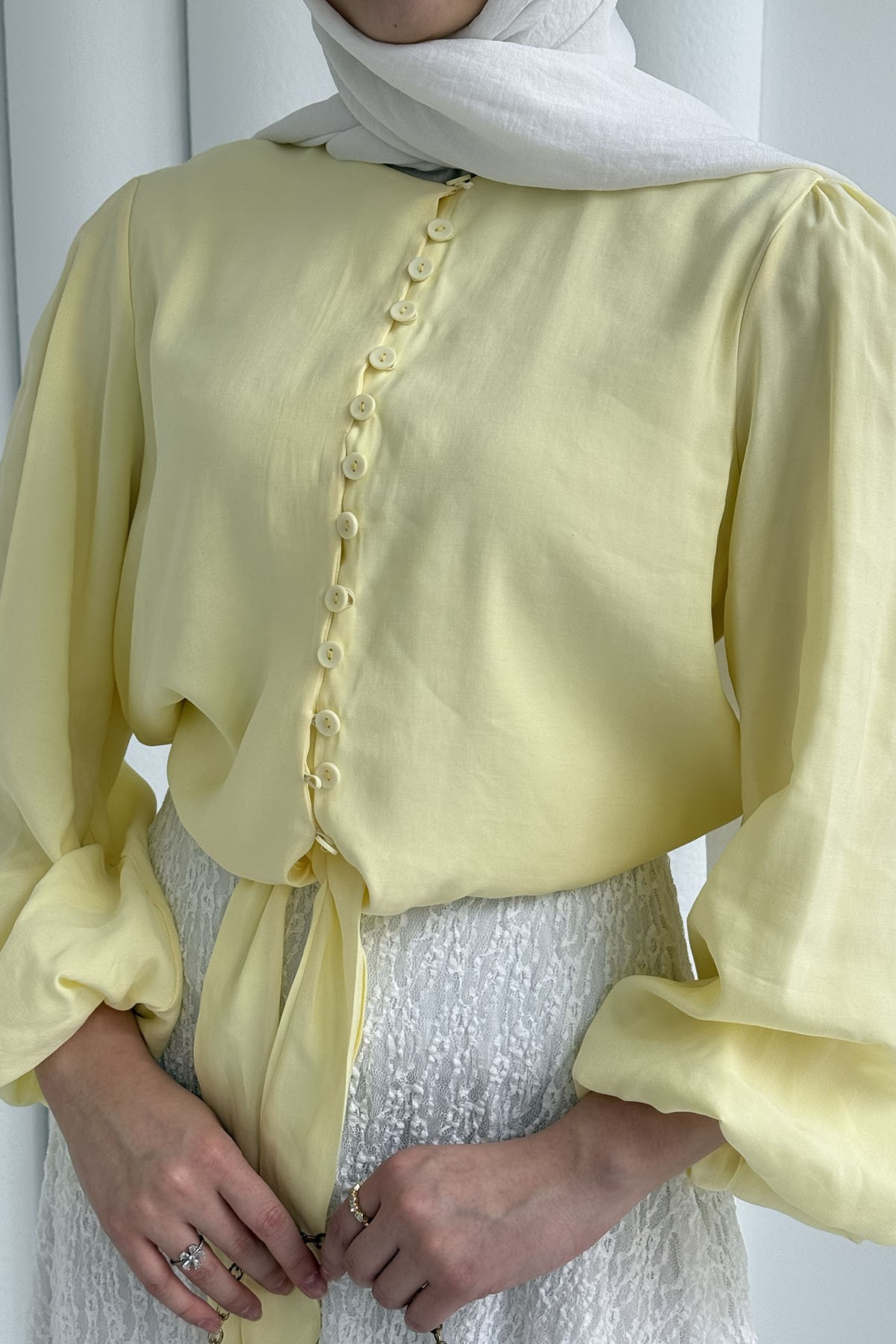 Balon Kol Etek Ucu Bağlamalı Bluz-SARI